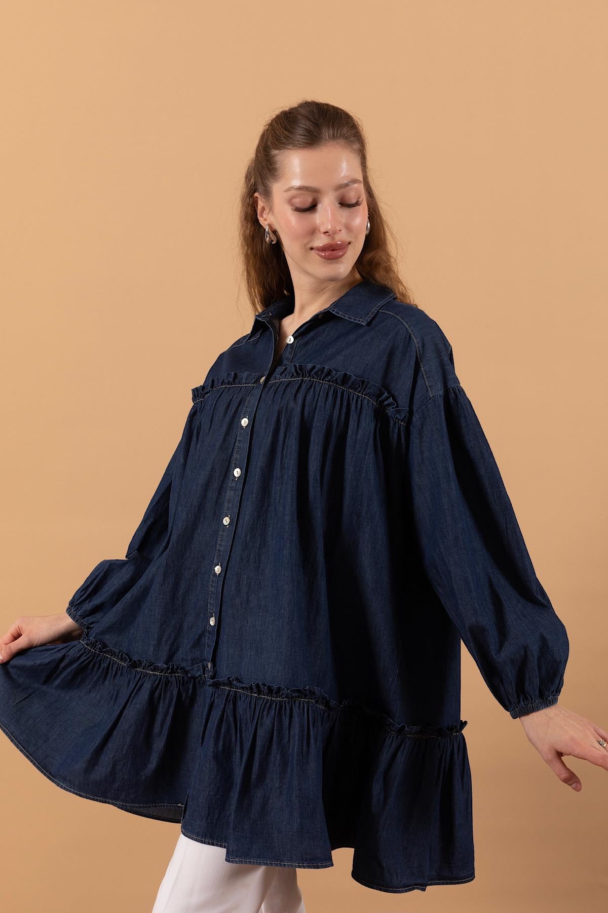 Denim Parçalı Tunik Lacivert