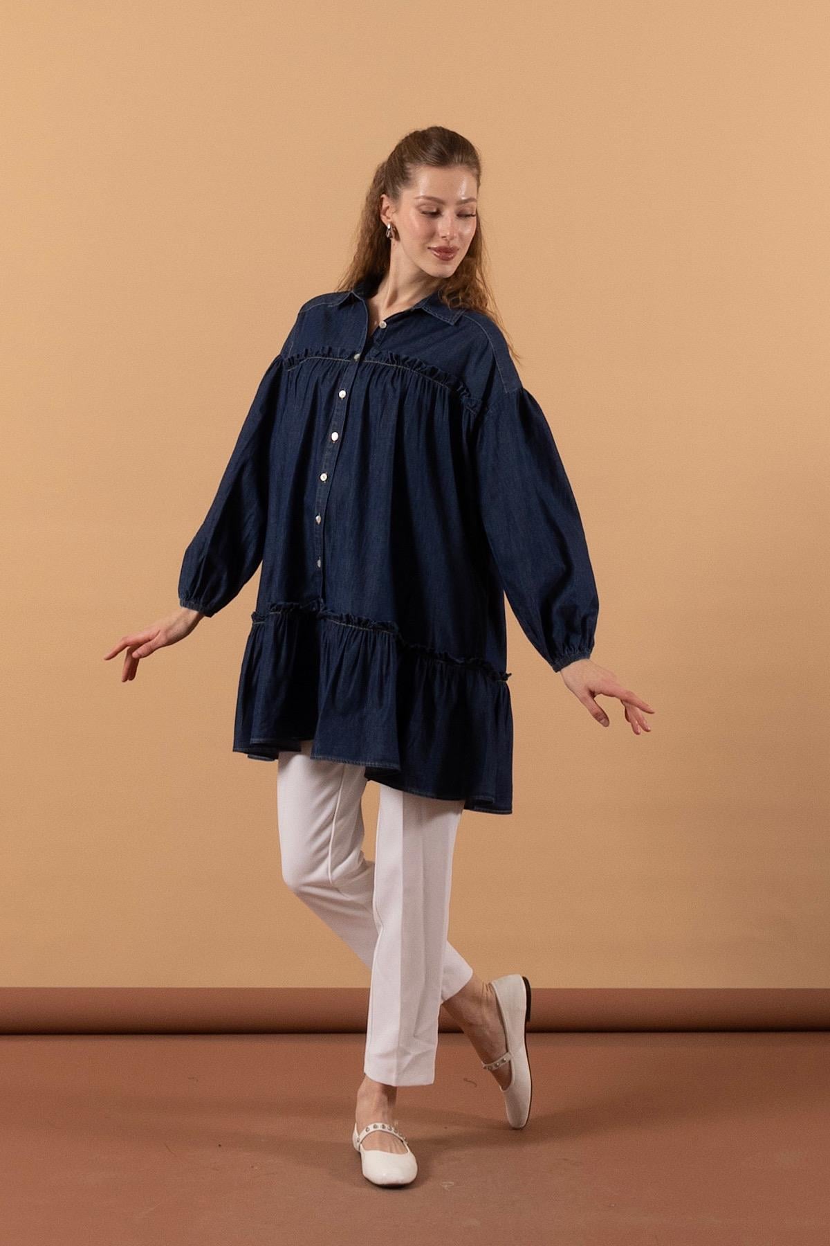Denim Parçalı Tunik Lacivert
