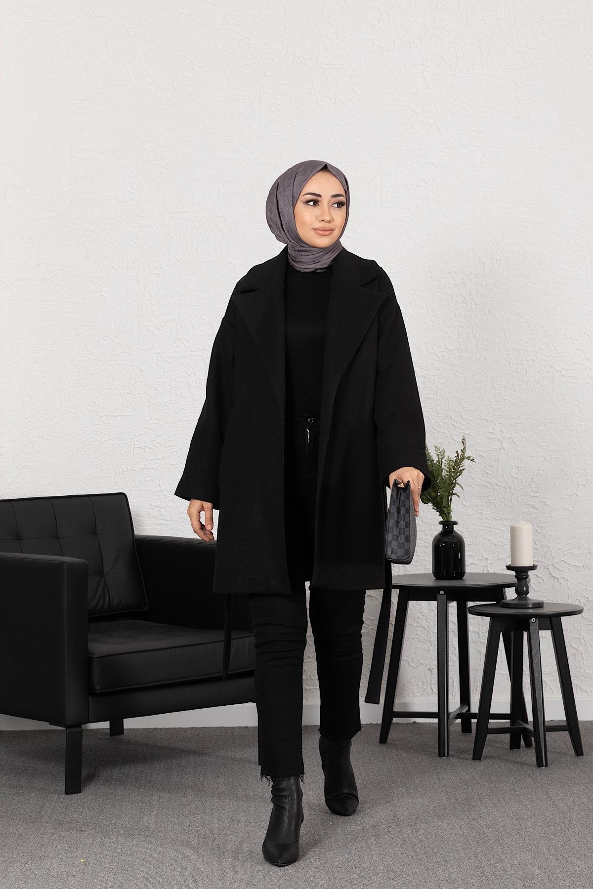 Düşük Kol Düz Kaban Siyah
