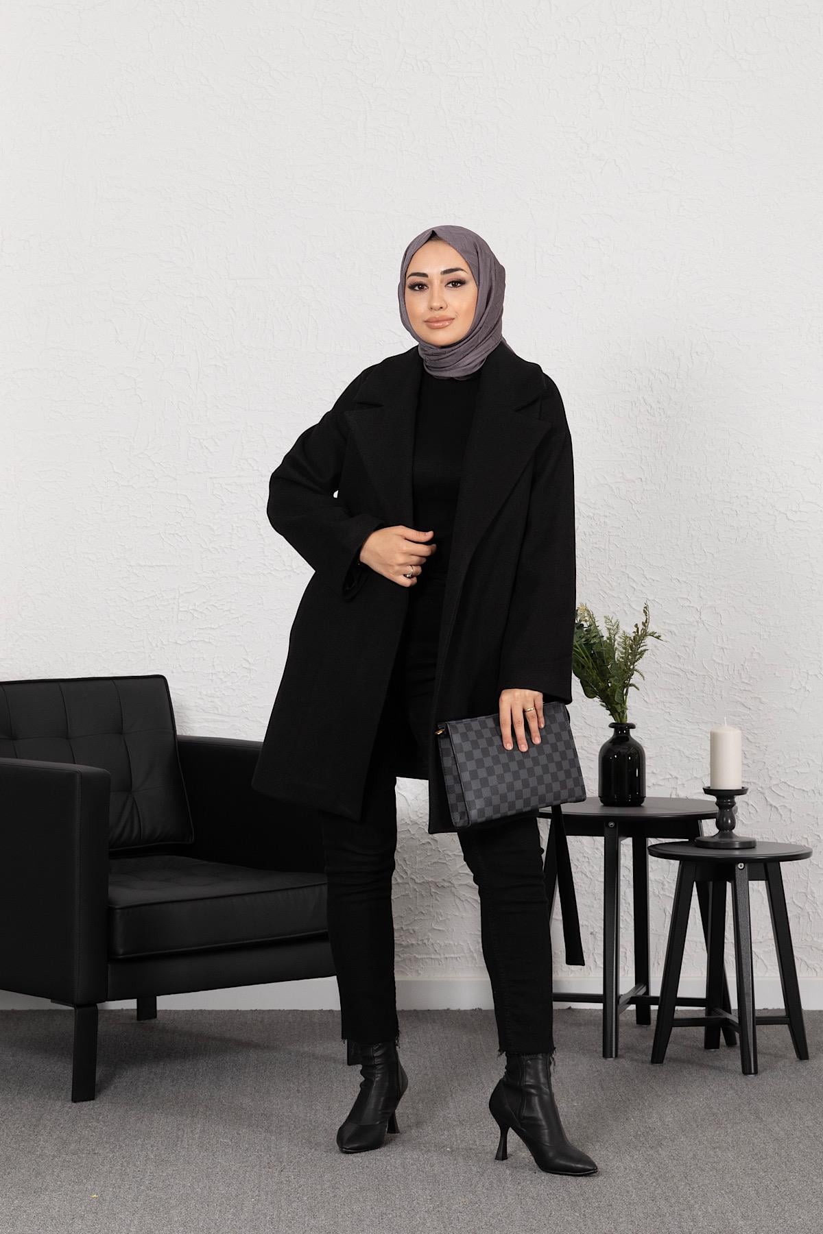 Düşük Kol Düz Kaban Siyah