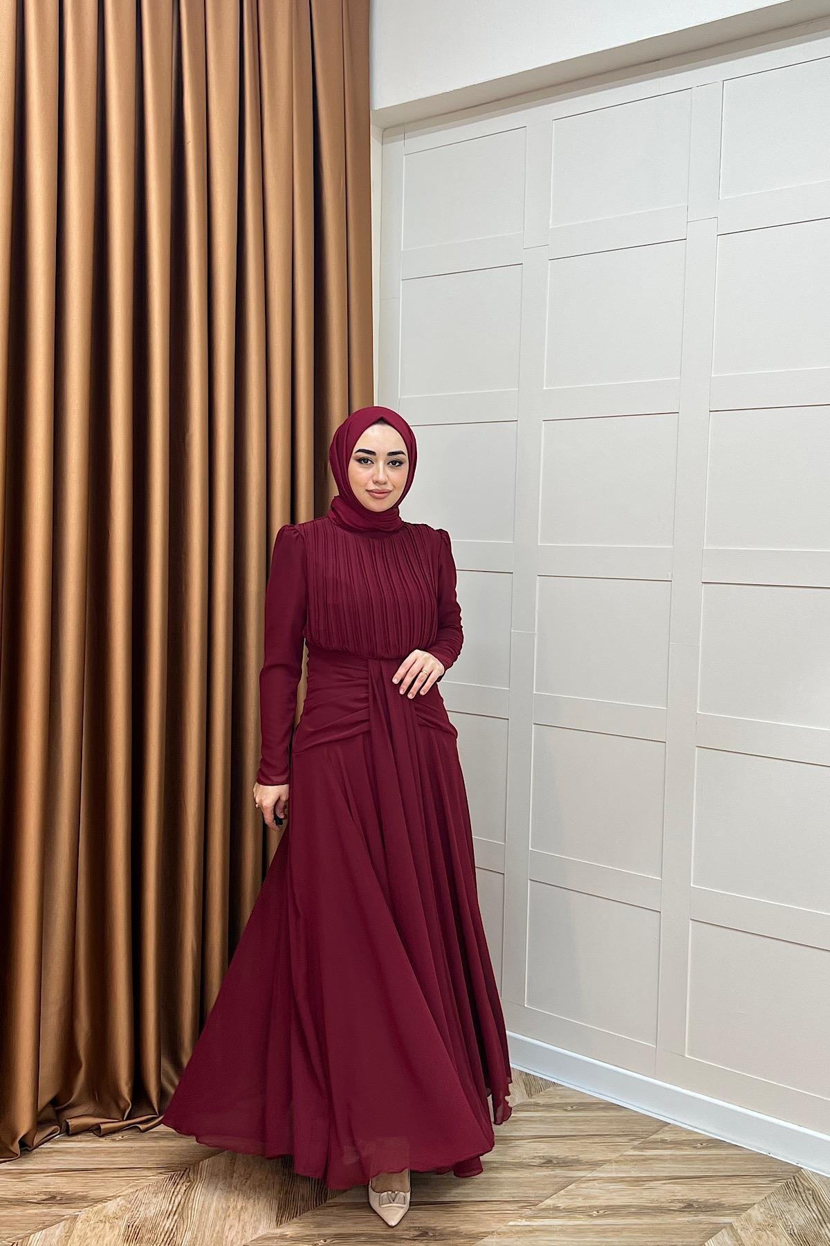 Elanor Bel Detay Şifon Abiye Bordo