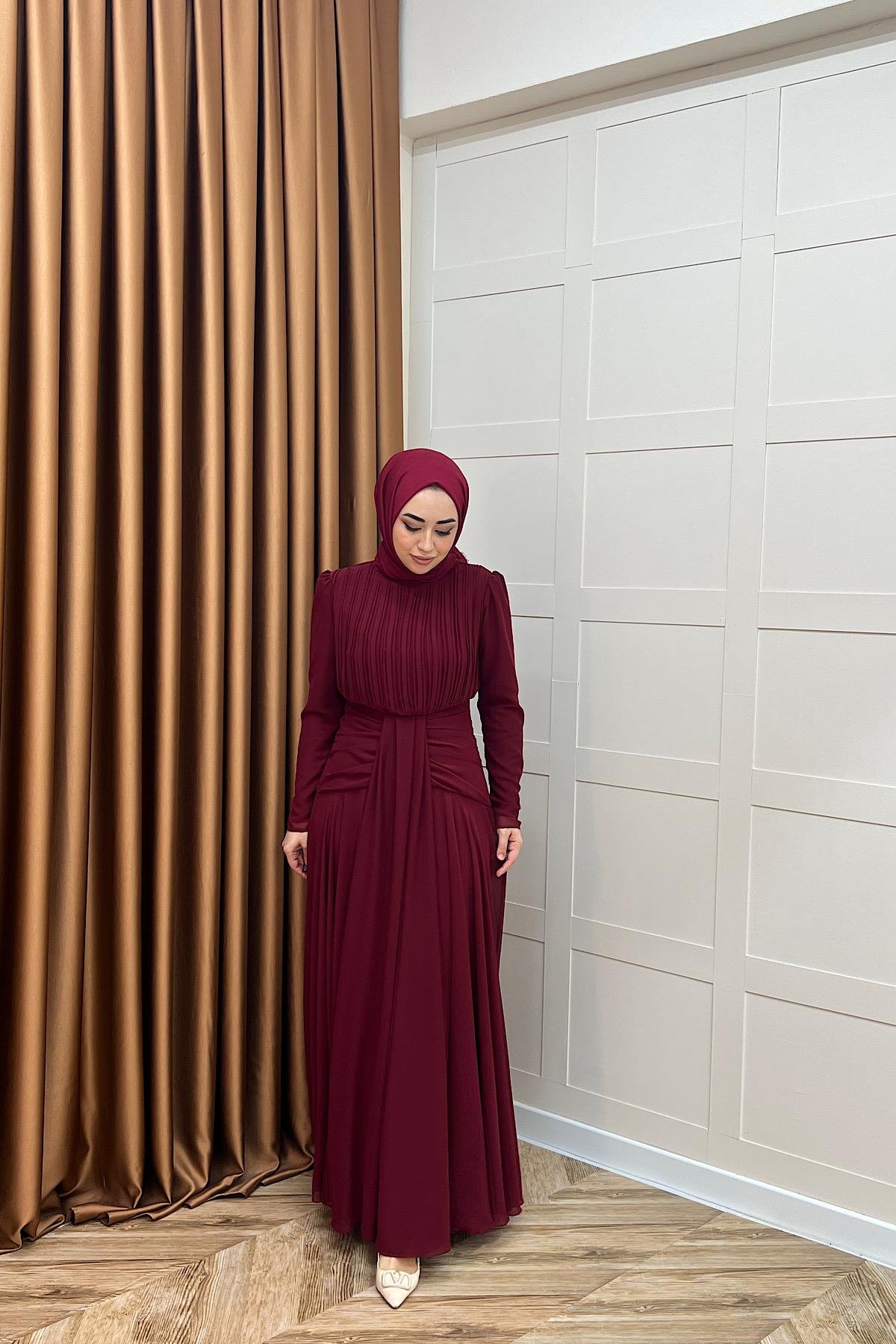 Elanor Bel Detay Şifon Abiye Bordo