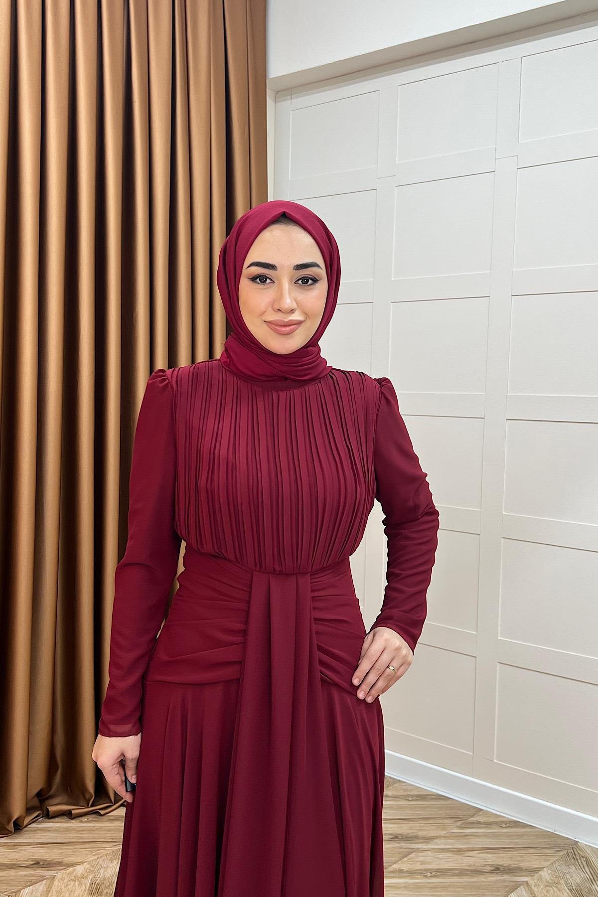 Elanor Bel Detay Şifon Abiye Bordo