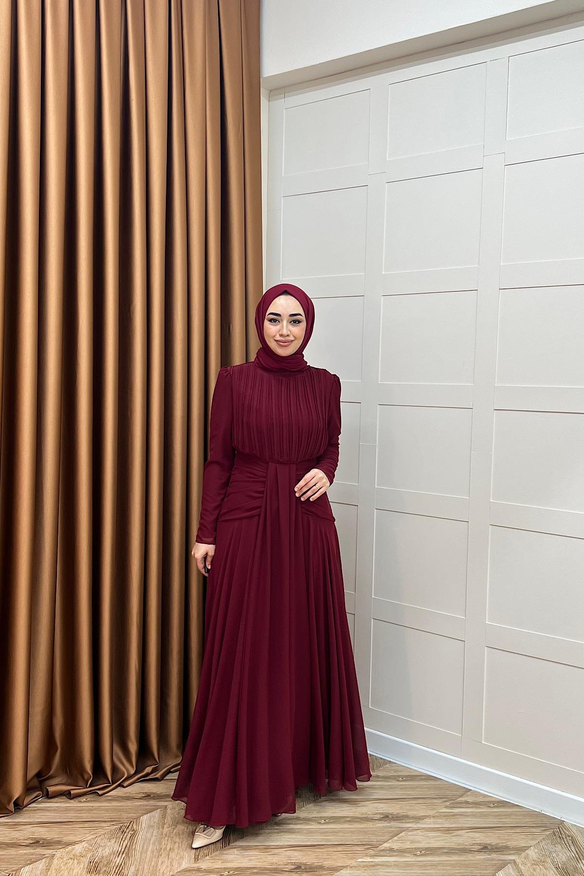 Elanor Bel Detay Şifon Abiye Bordo