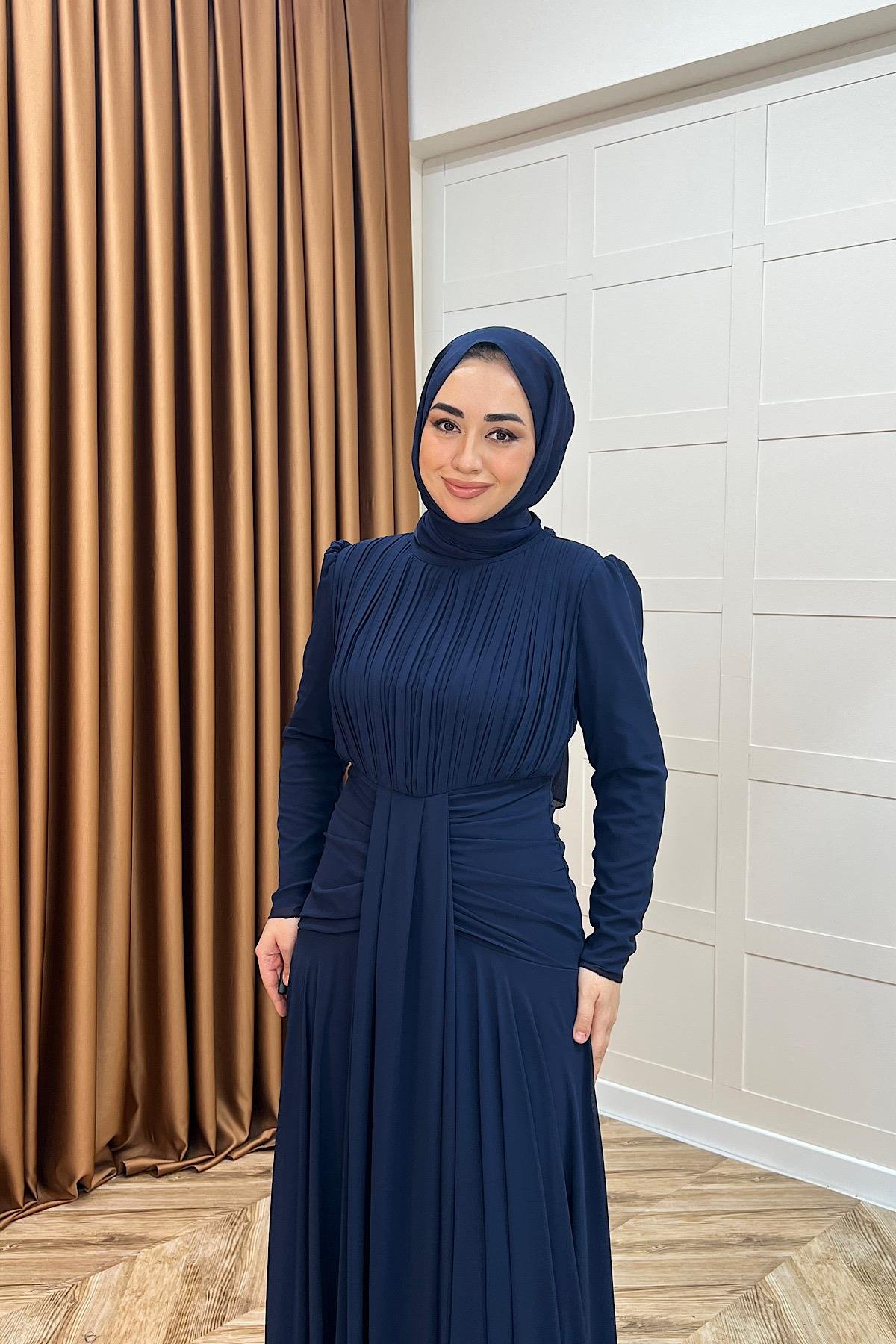 Elanor Bel Detay Şifon Abiye Lacivert