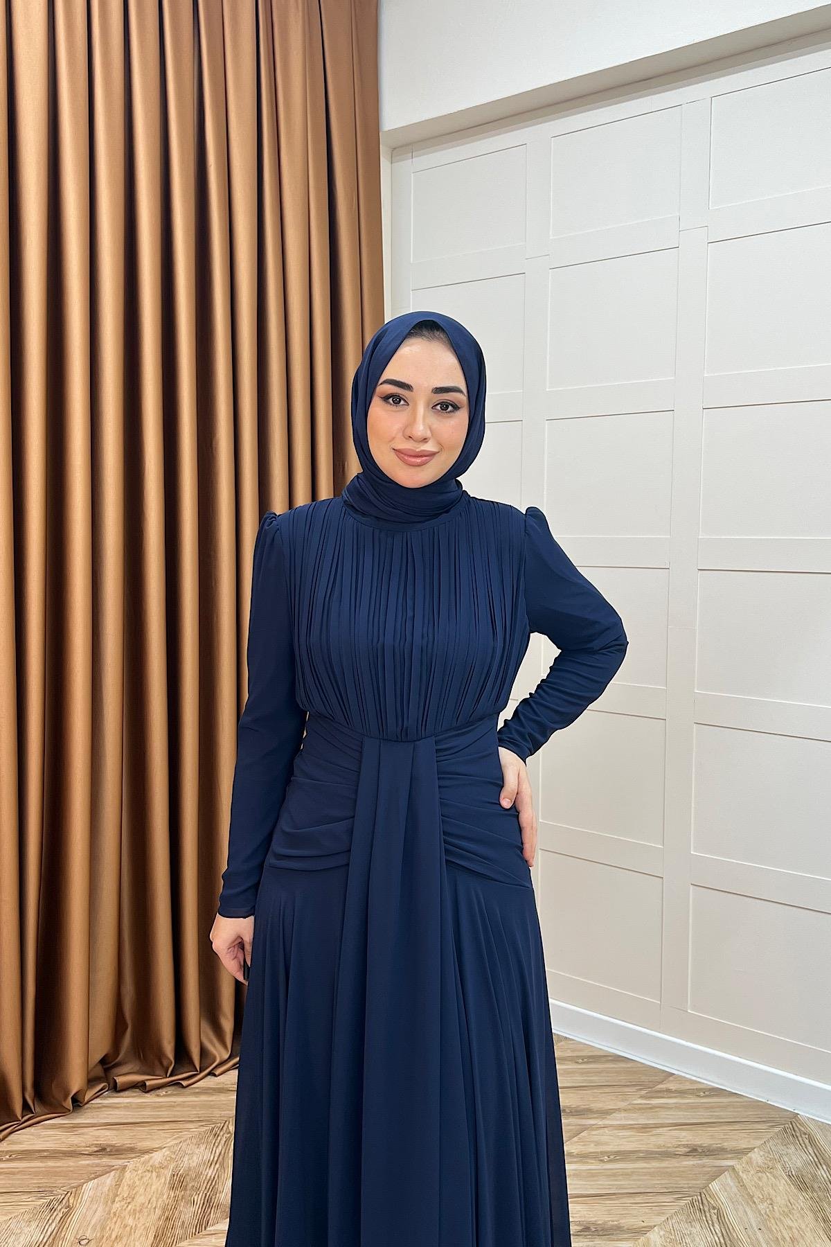 Elanor Bel Detay Şifon Abiye Lacivert