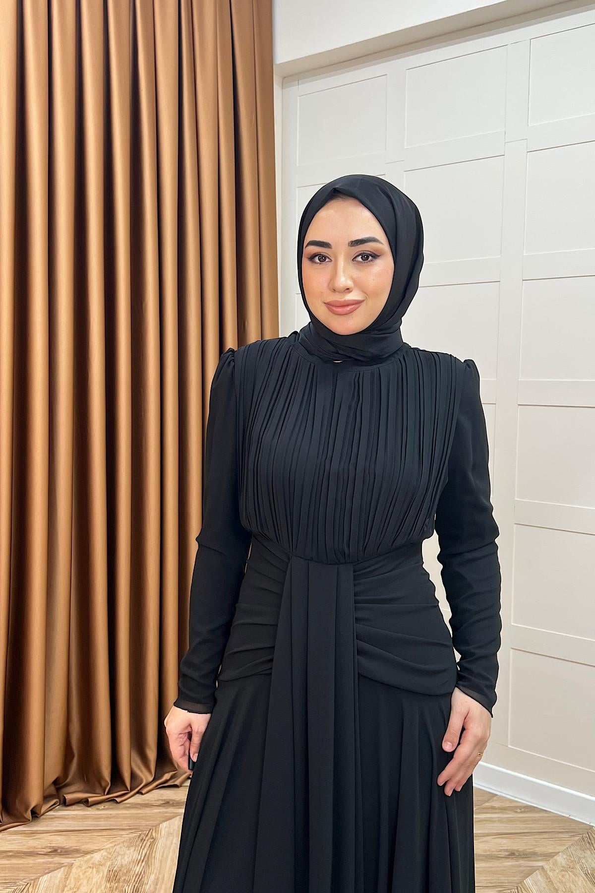 Elanor Bel Detay Şifon Abiye Siyah