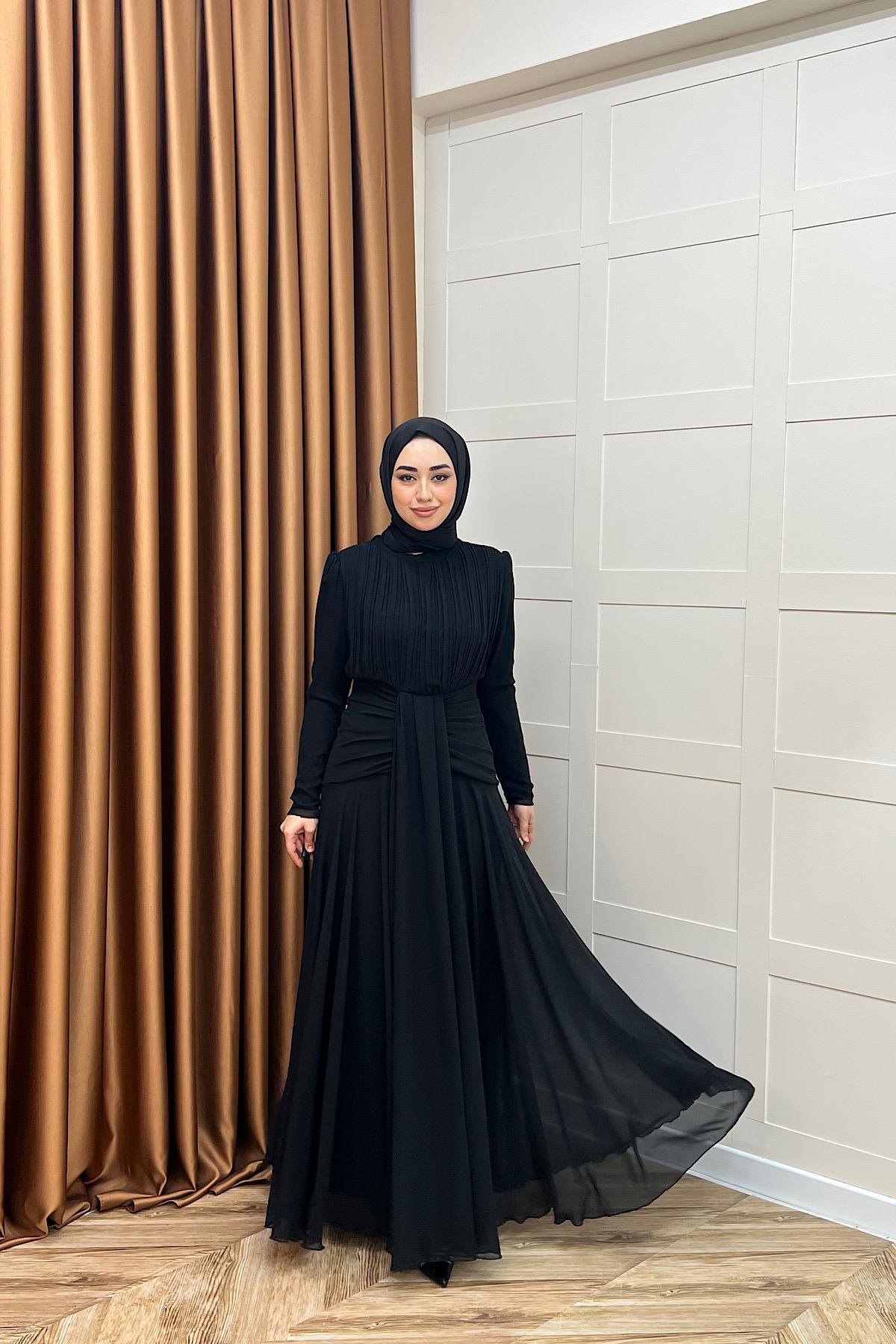 Elanor Bel Detay Şifon Abiye Siyah