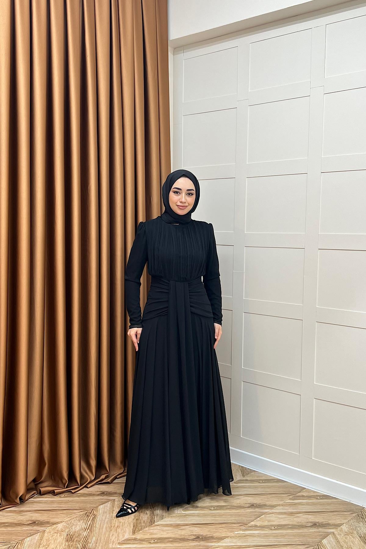 Elanor Bel Detay Şifon Abiye Siyah