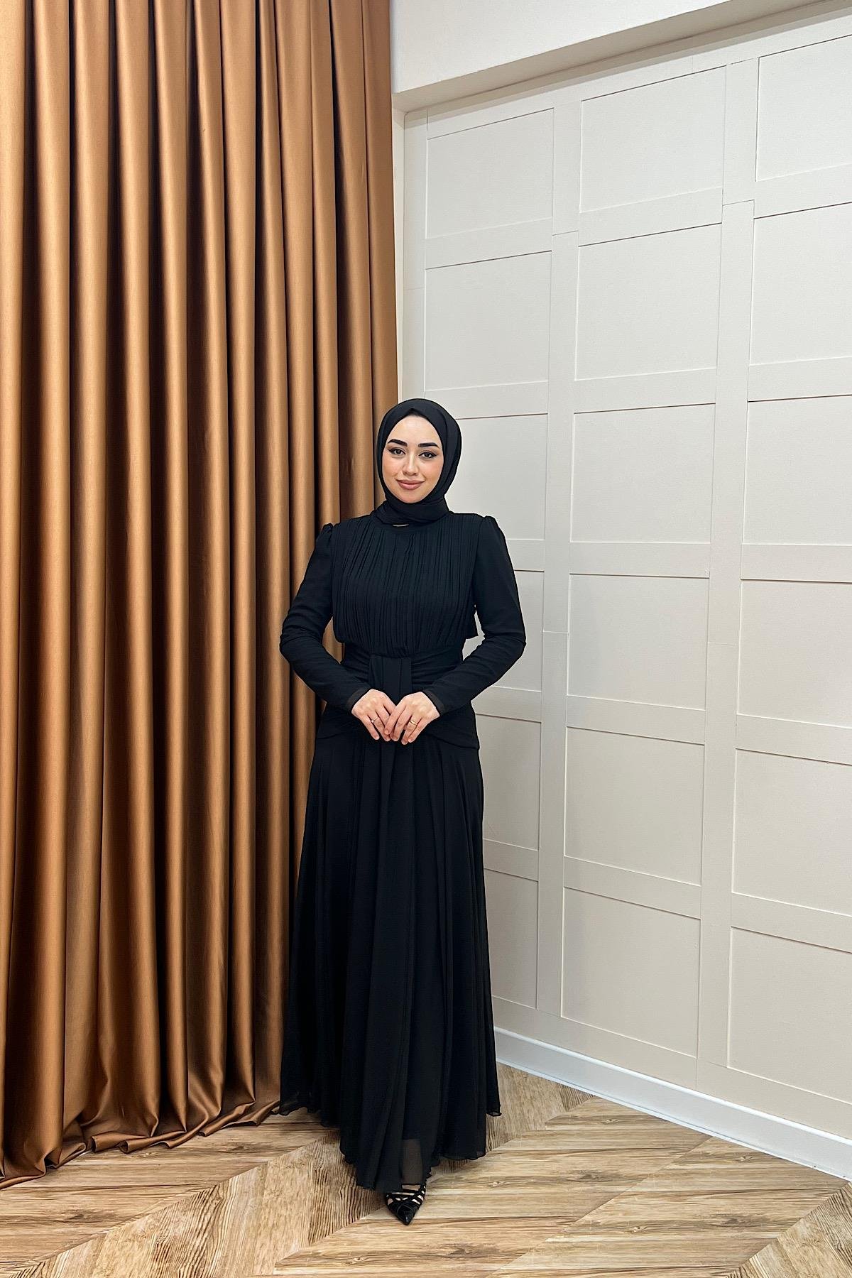 Elanor Bel Detay Şifon Abiye Siyah