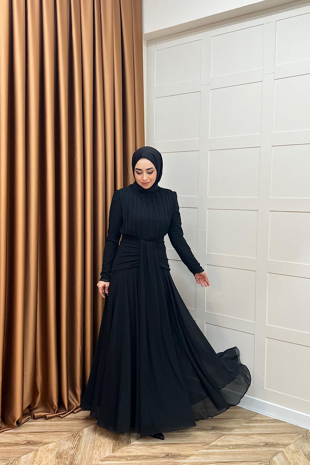 Elanor Bel Detay Şifon Abiye Siyah