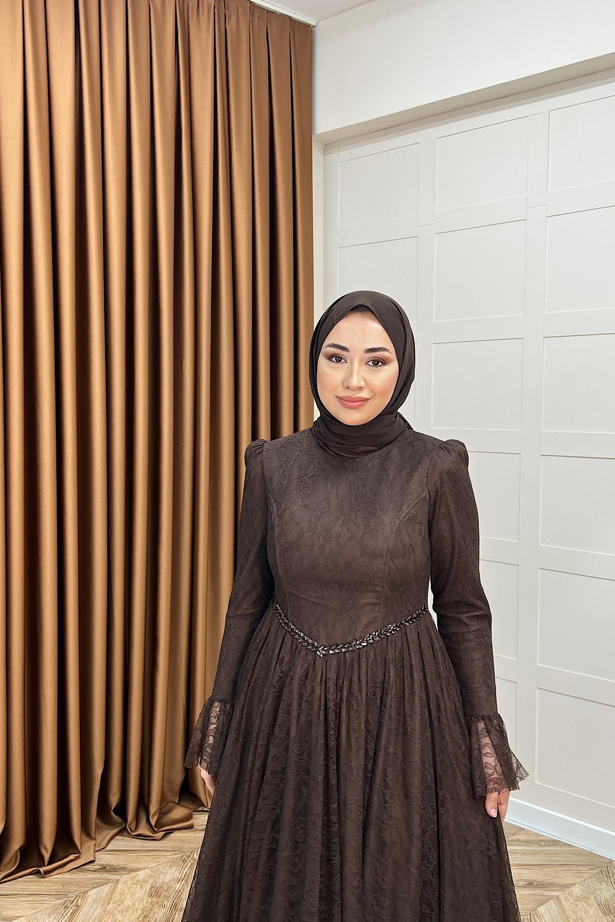 Elena Dantel Abiye Kahverengi