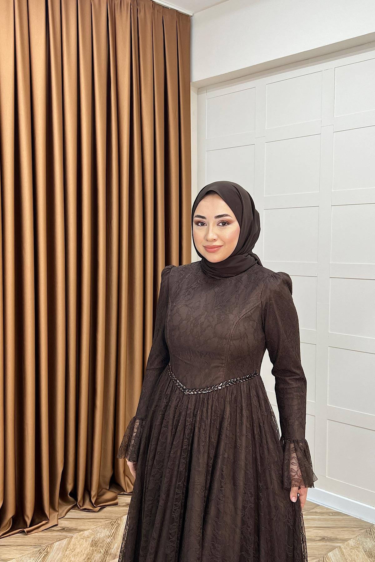 Elena Dantel Abiye Kahverengi