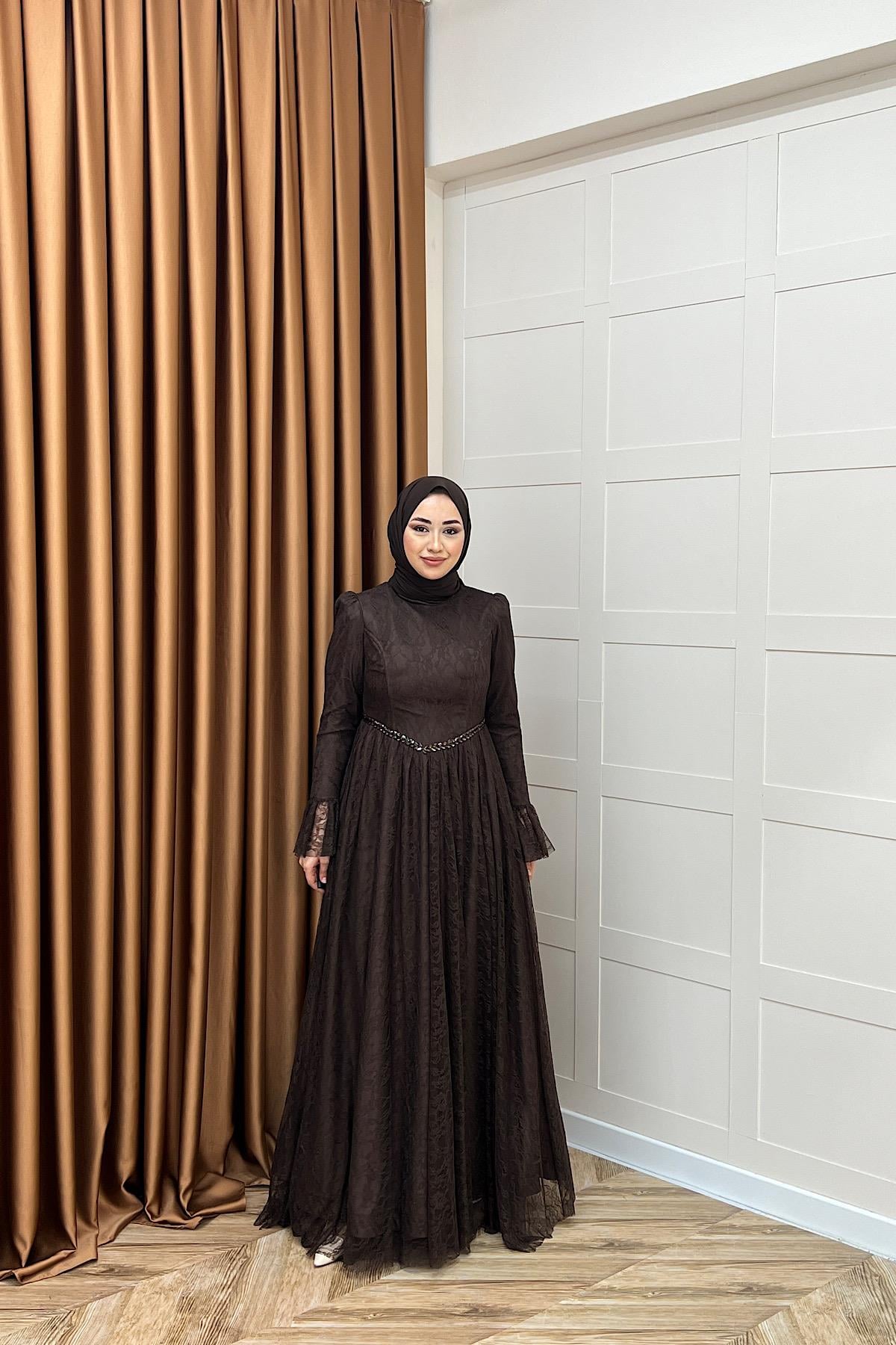 Elena Dantel Abiye Kahverengi