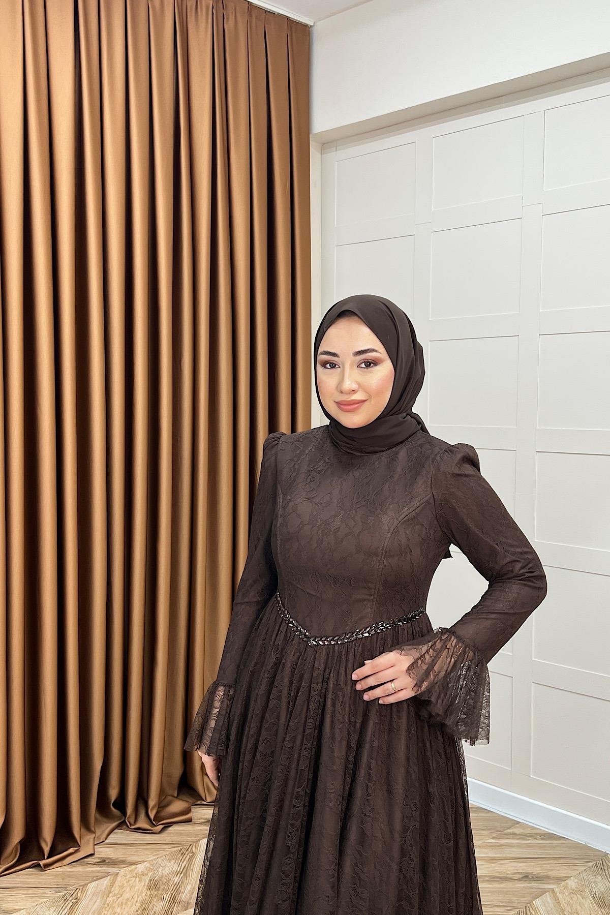Elena Dantel Abiye Kahverengi