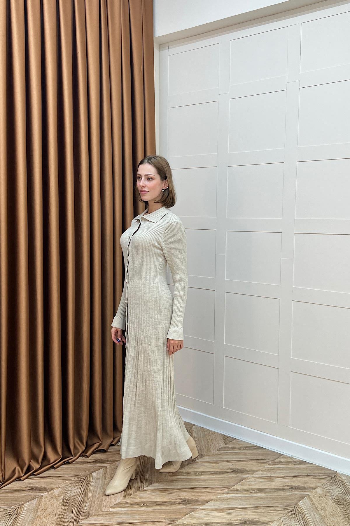 Endam Düğmeli Triko Elbise Taş