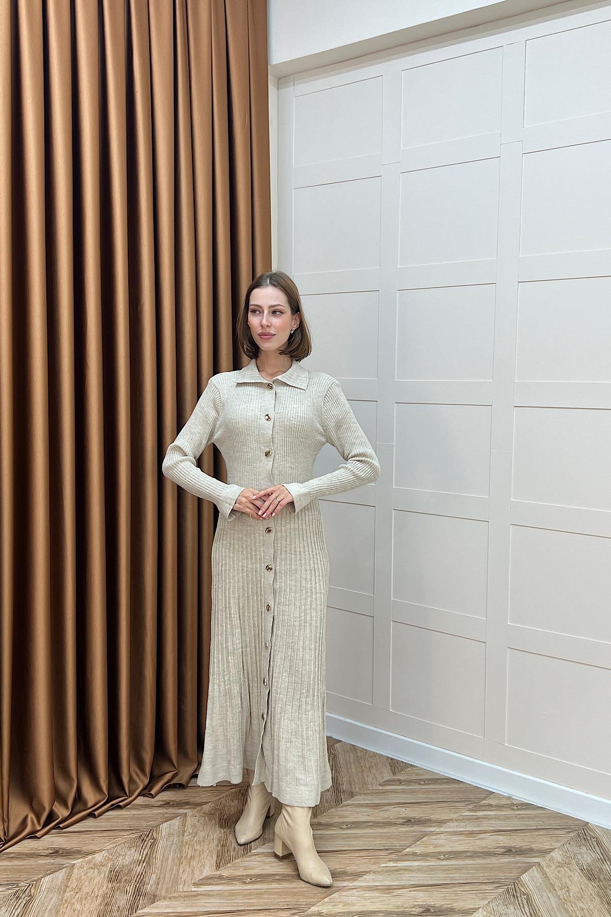 Endam Düğmeli Triko Elbise Taş