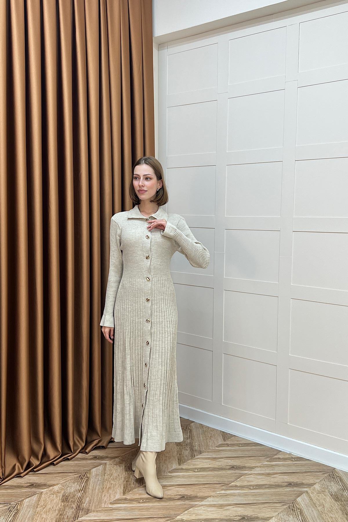 Endam Düğmeli Triko Elbise Taş