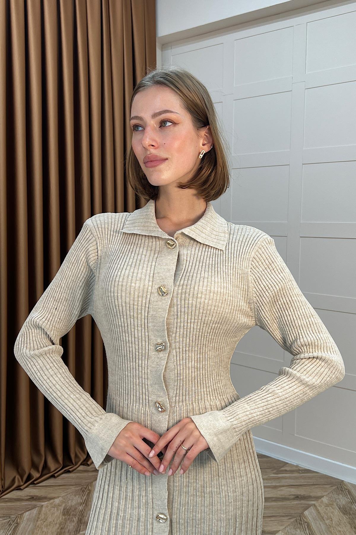 Endam Düğmeli Triko Elbise Taş