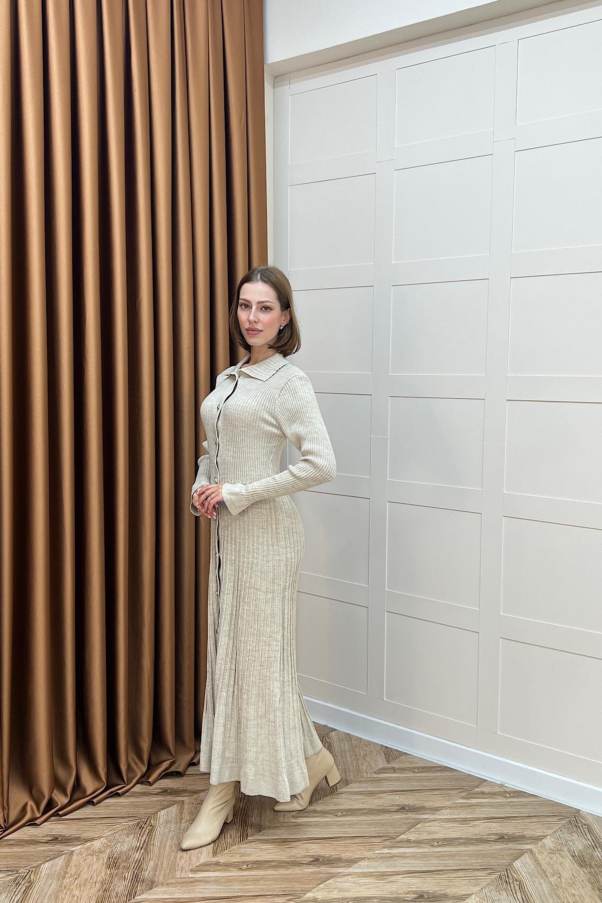 Endam Düğmeli Triko Elbise Taş