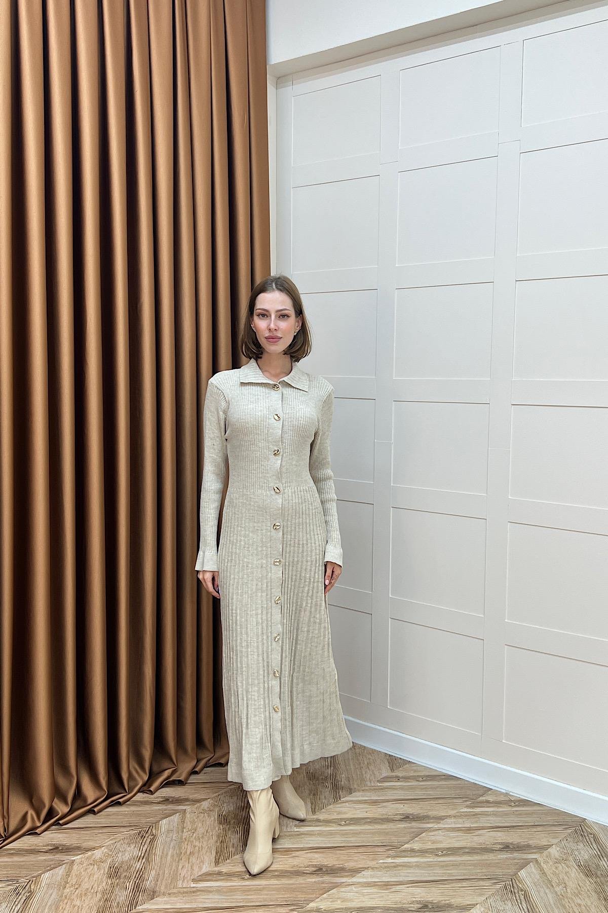 Endam Düğmeli Triko Elbise Taş