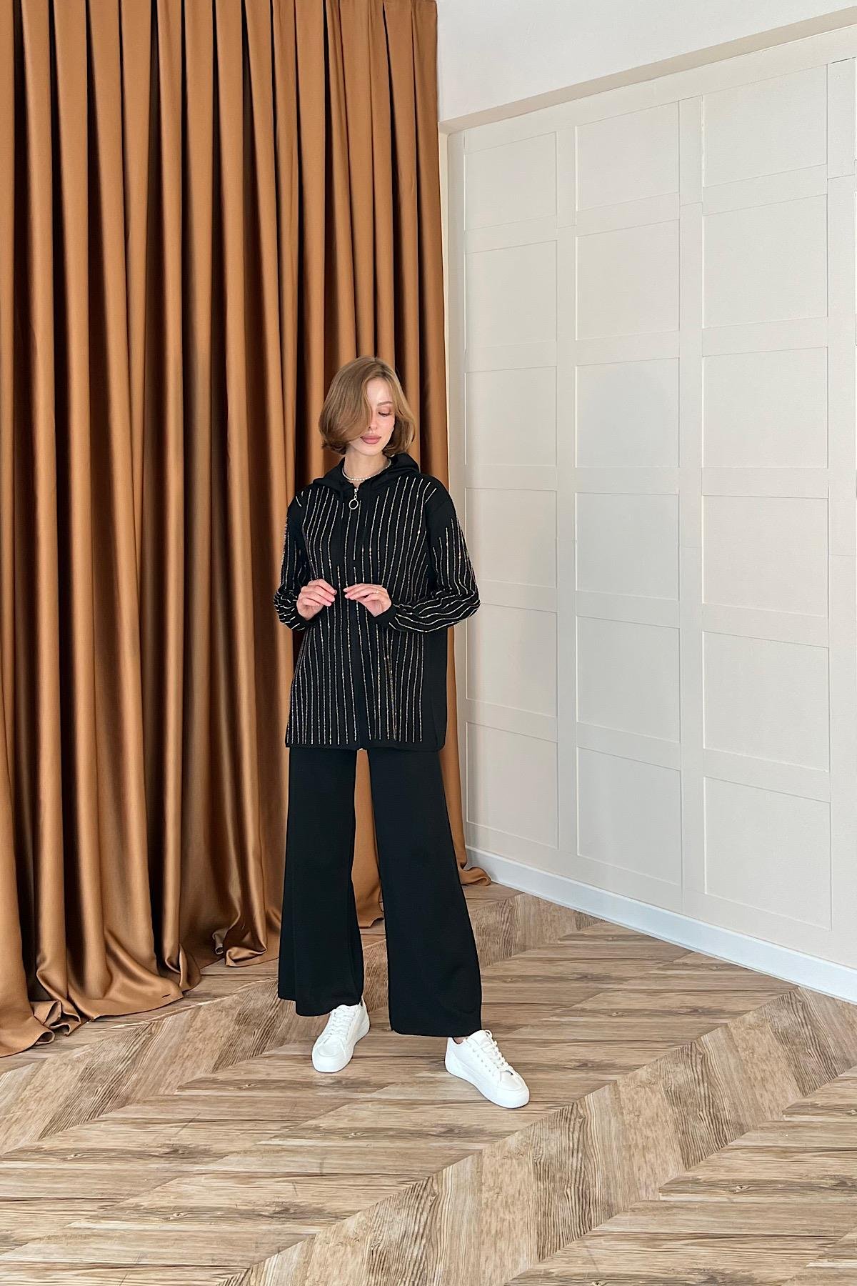 Eros Kapüşonlu Taşlı Triko Takım Siyah