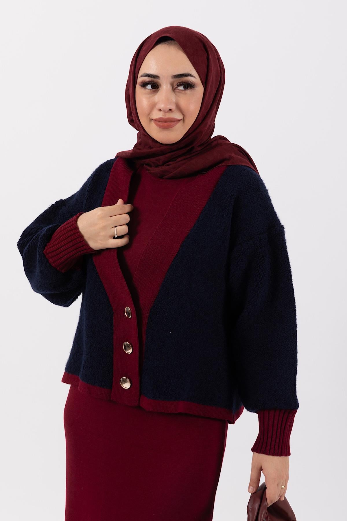 Estella İkili Örme Triko Elbise Bordo