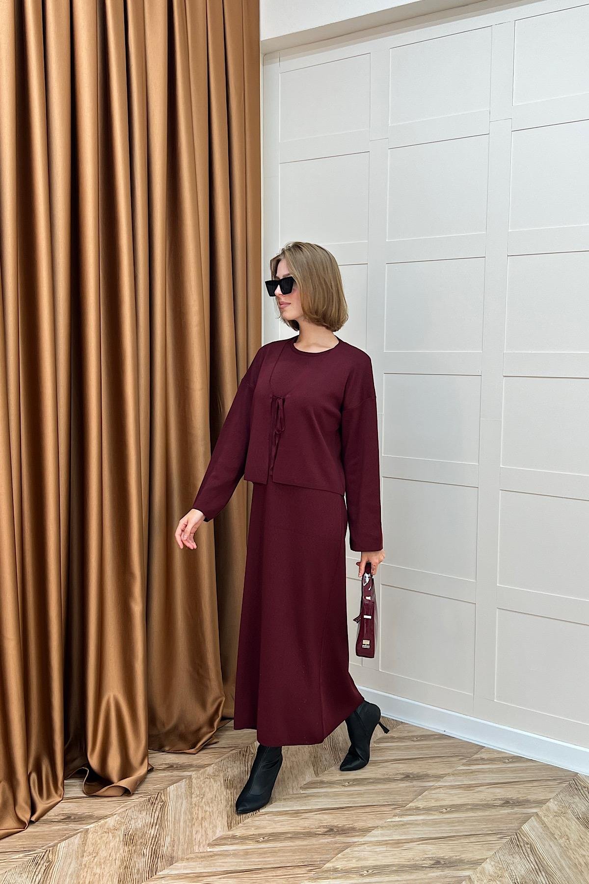 Ester Croplu İkili Elbise Bordo