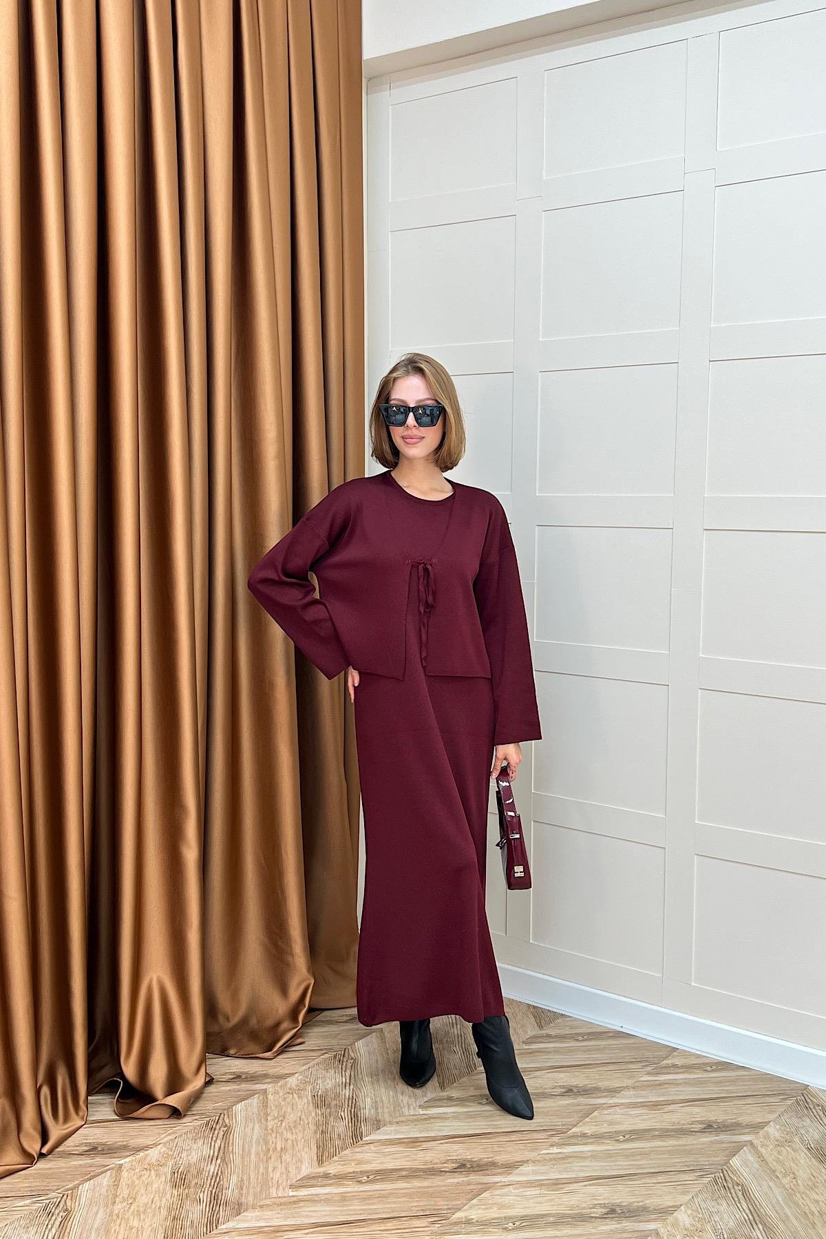 Ester Croplu İkili Elbise Bordo