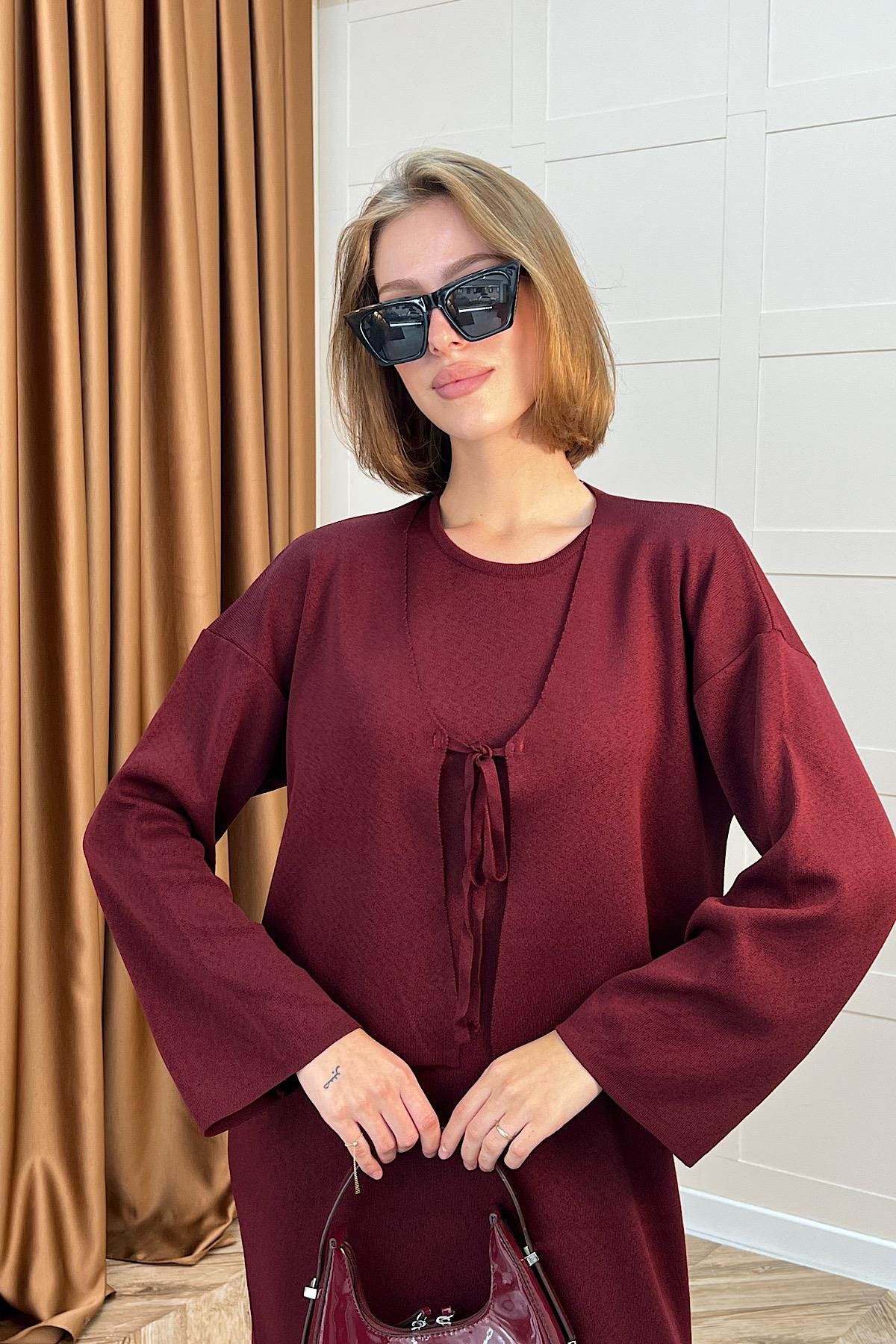 Ester Croplu İkili Elbise Bordo