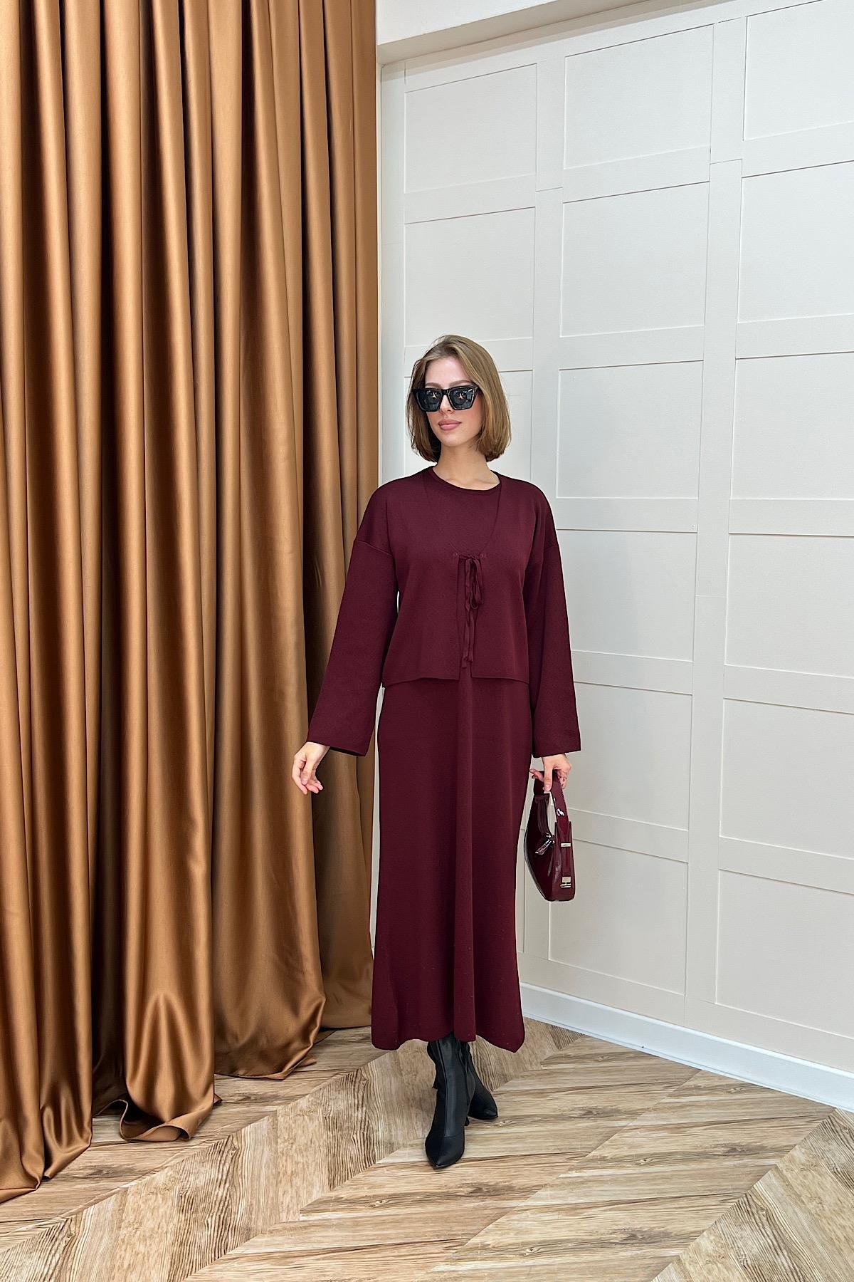 Ester Croplu İkili Elbise Bordo