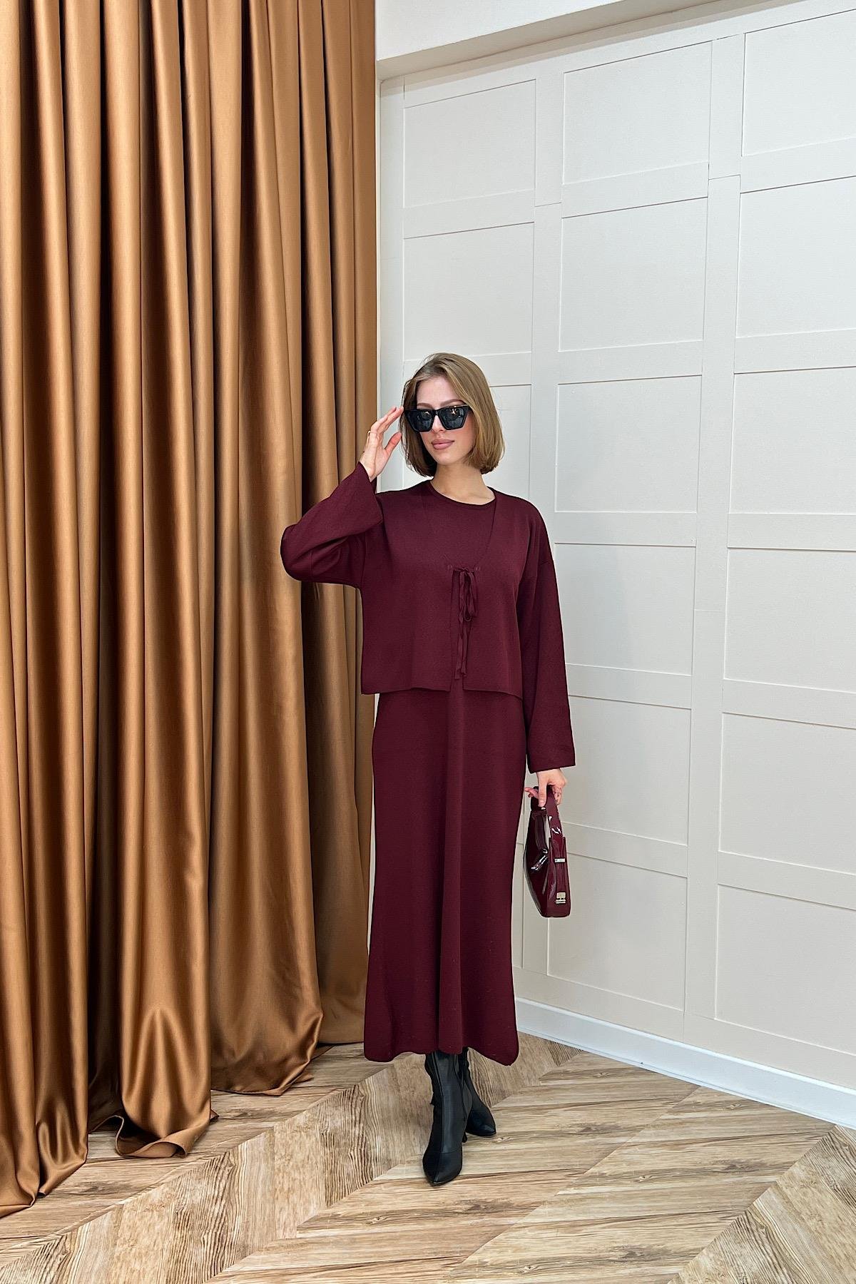 Ester Croplu İkili Elbise Bordo