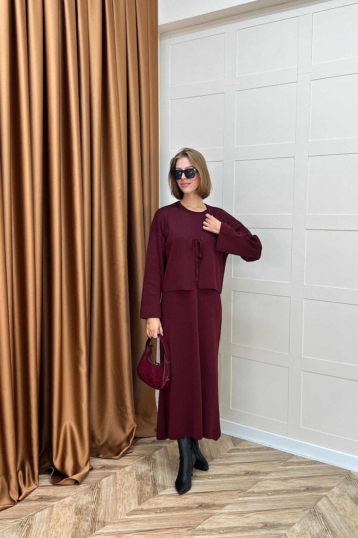 Ester Croplu İkili Elbise Bordo