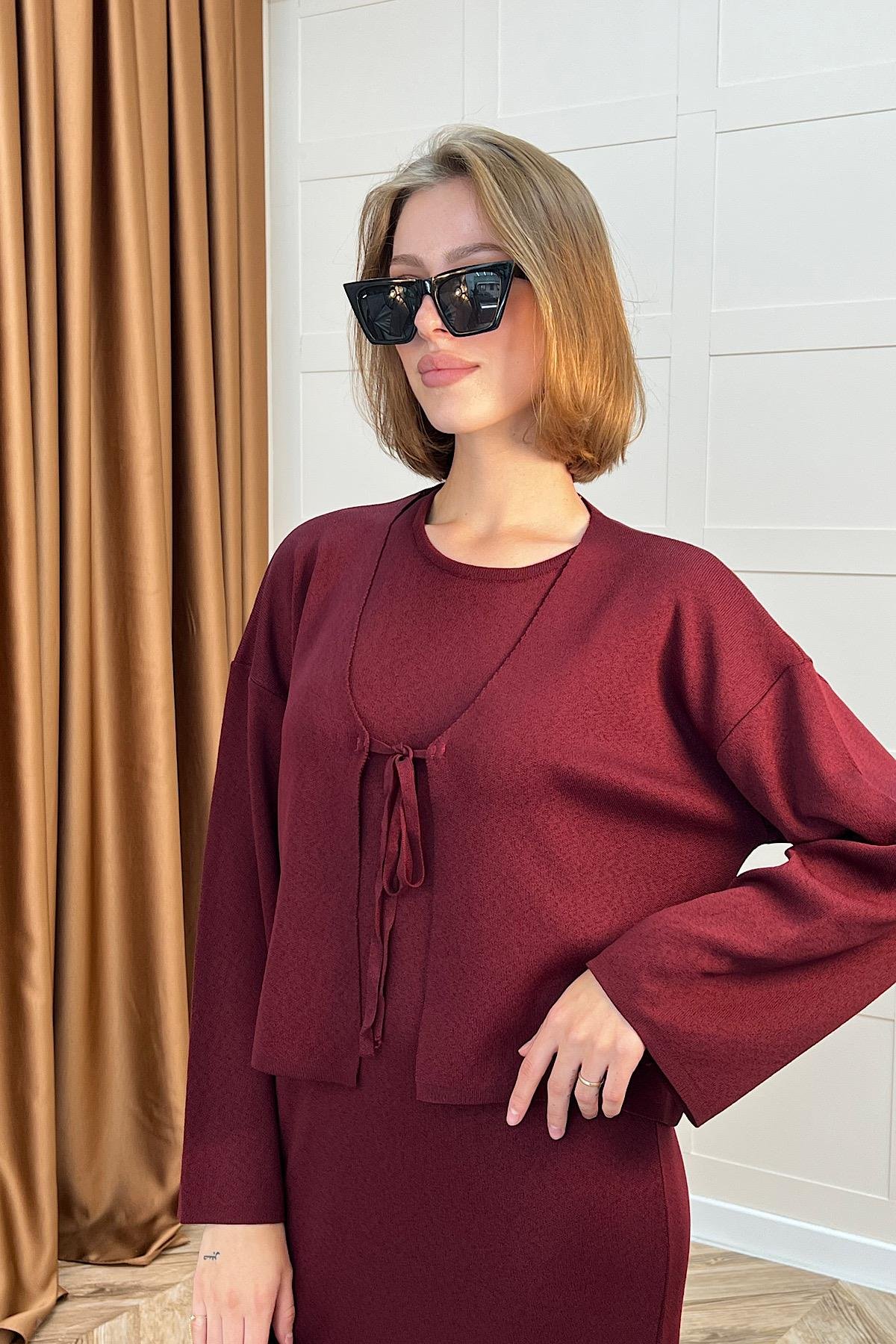 Ester Croplu İkili Elbise Bordo