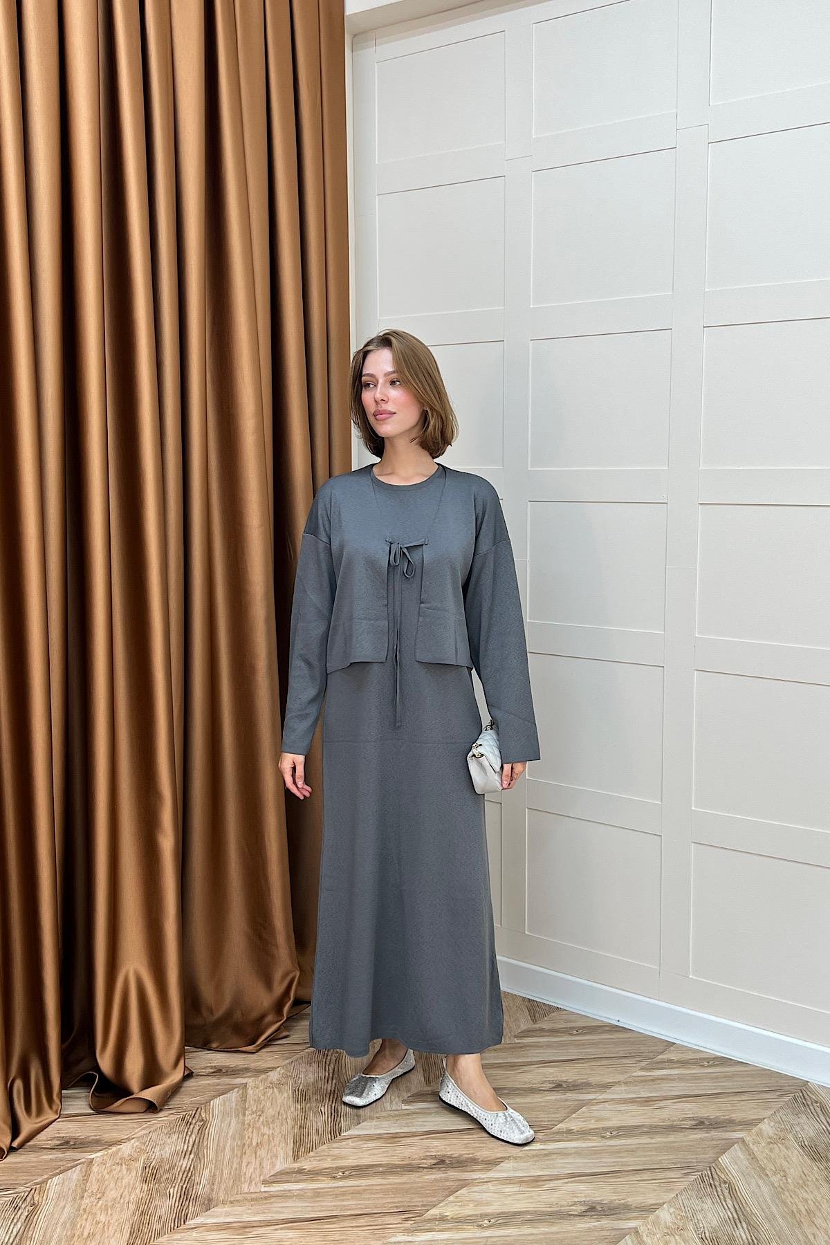 Ester Croplu İkili Elbise Gri