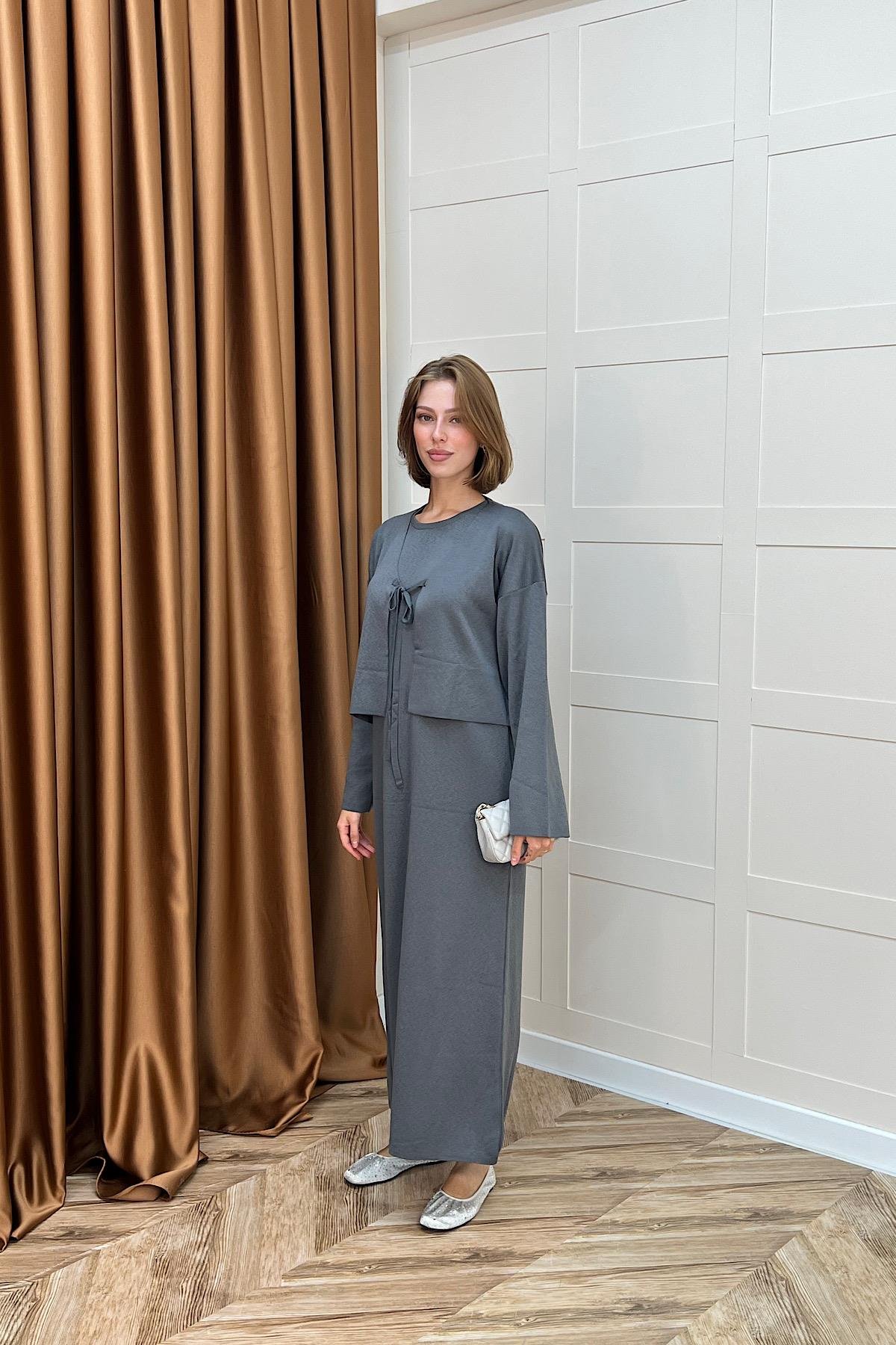 Ester Croplu İkili Elbise Gri