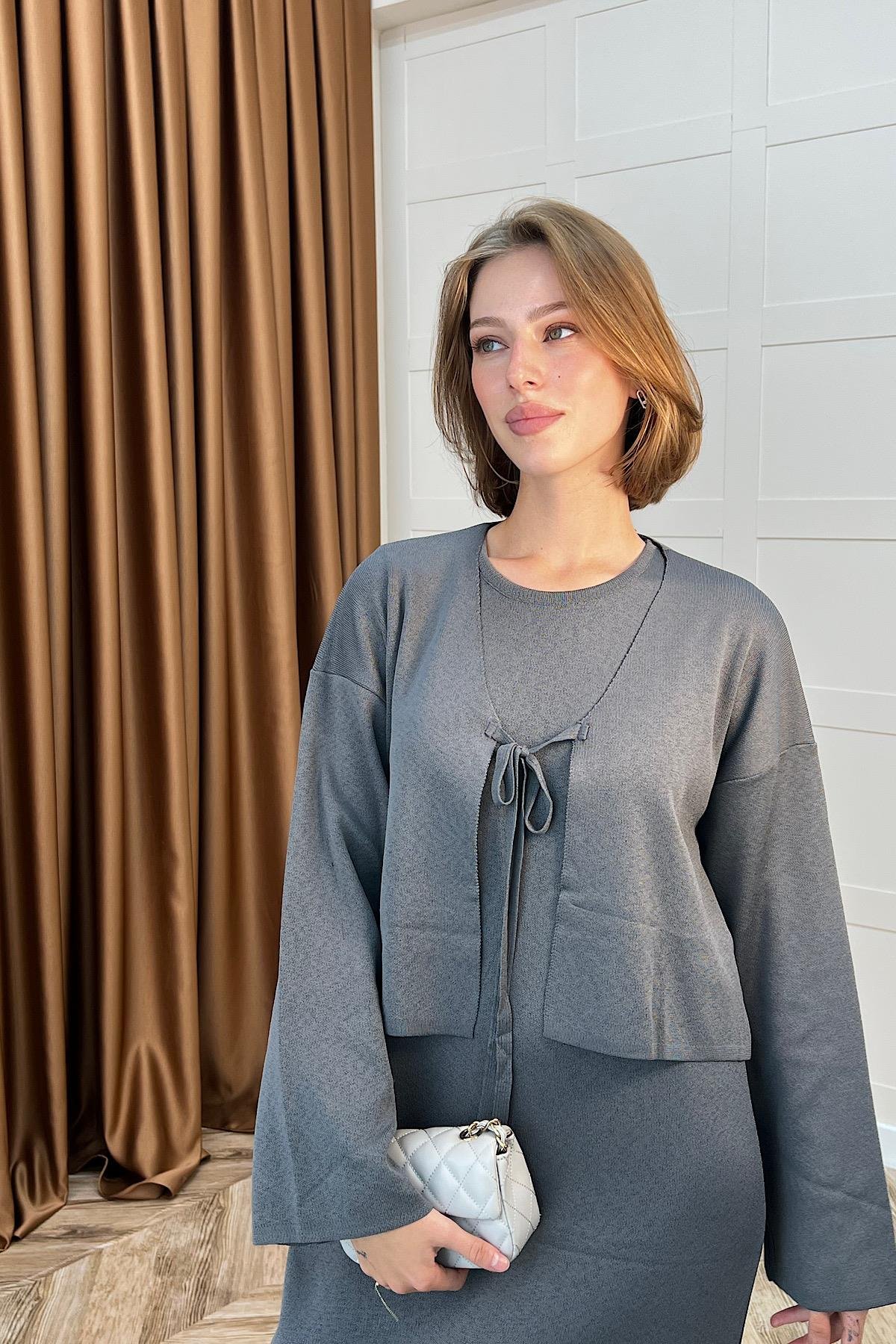 Ester Croplu İkili Elbise Gri