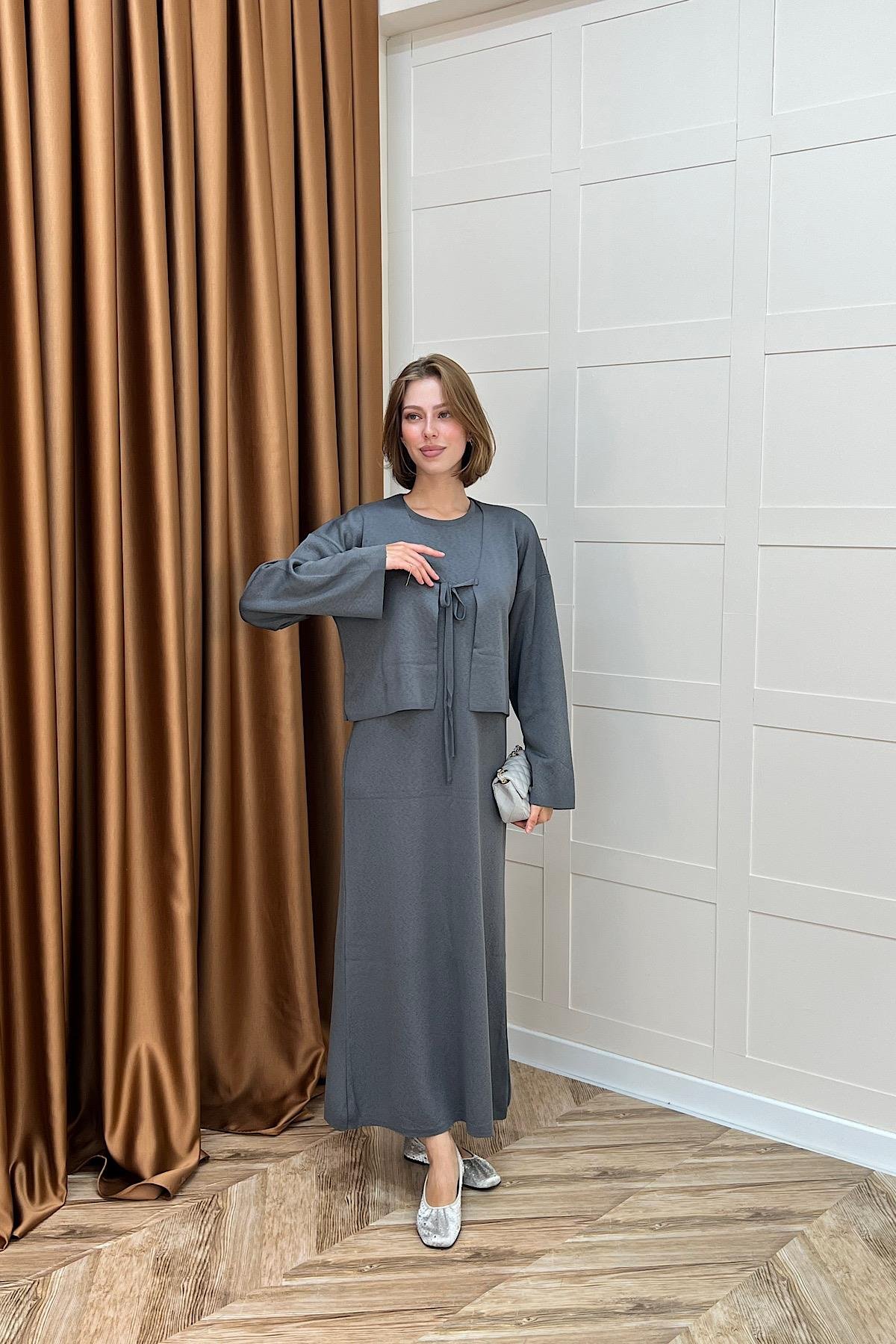 Ester Croplu İkili Elbise Gri