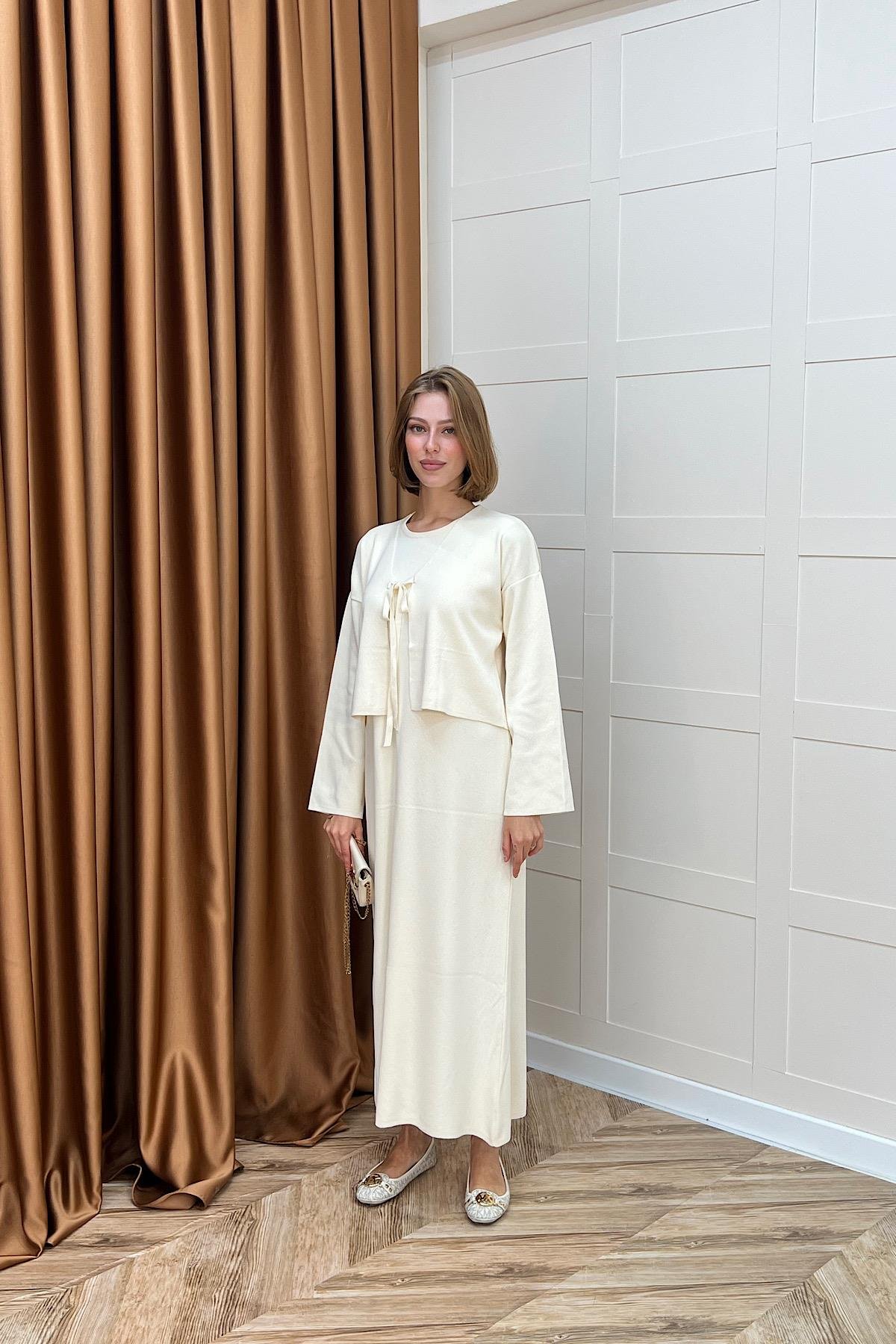 Ester Croplu İkili Elbise Krem