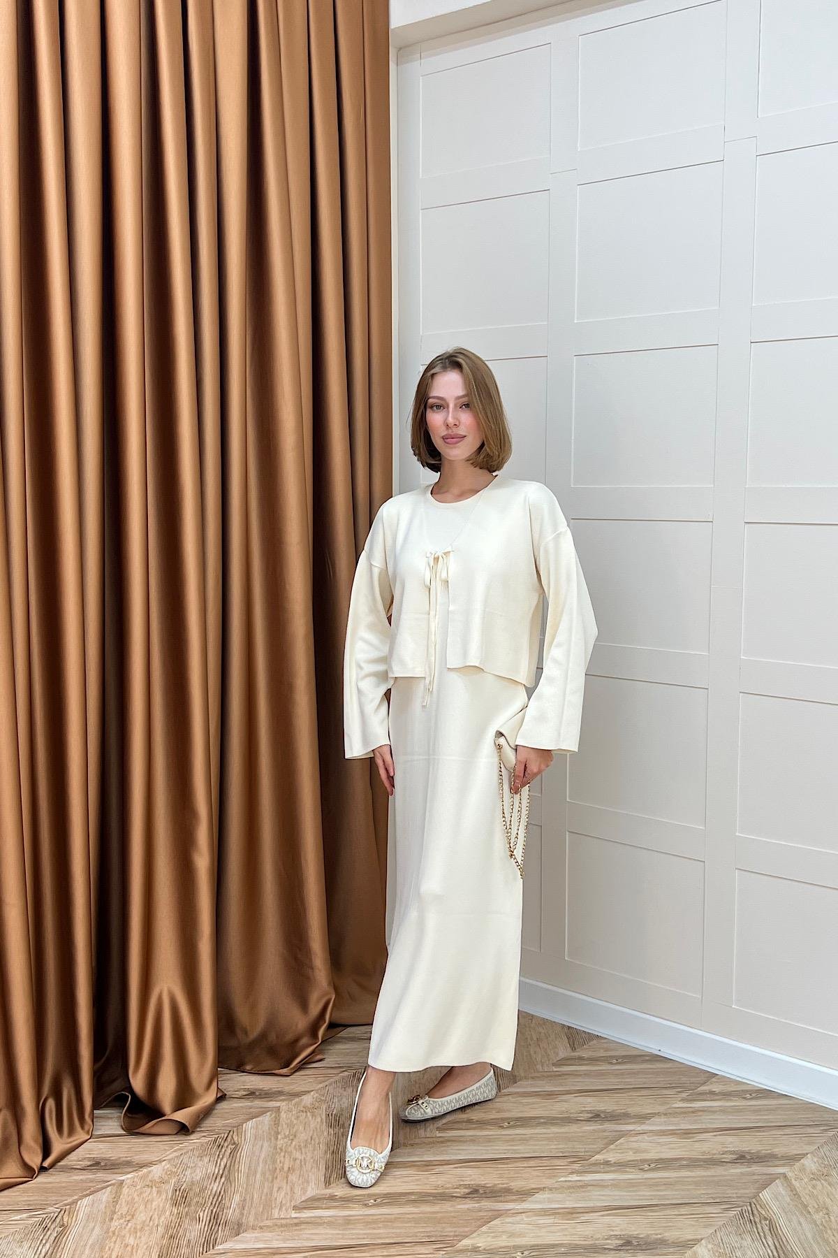 Ester Croplu İkili Elbise Krem