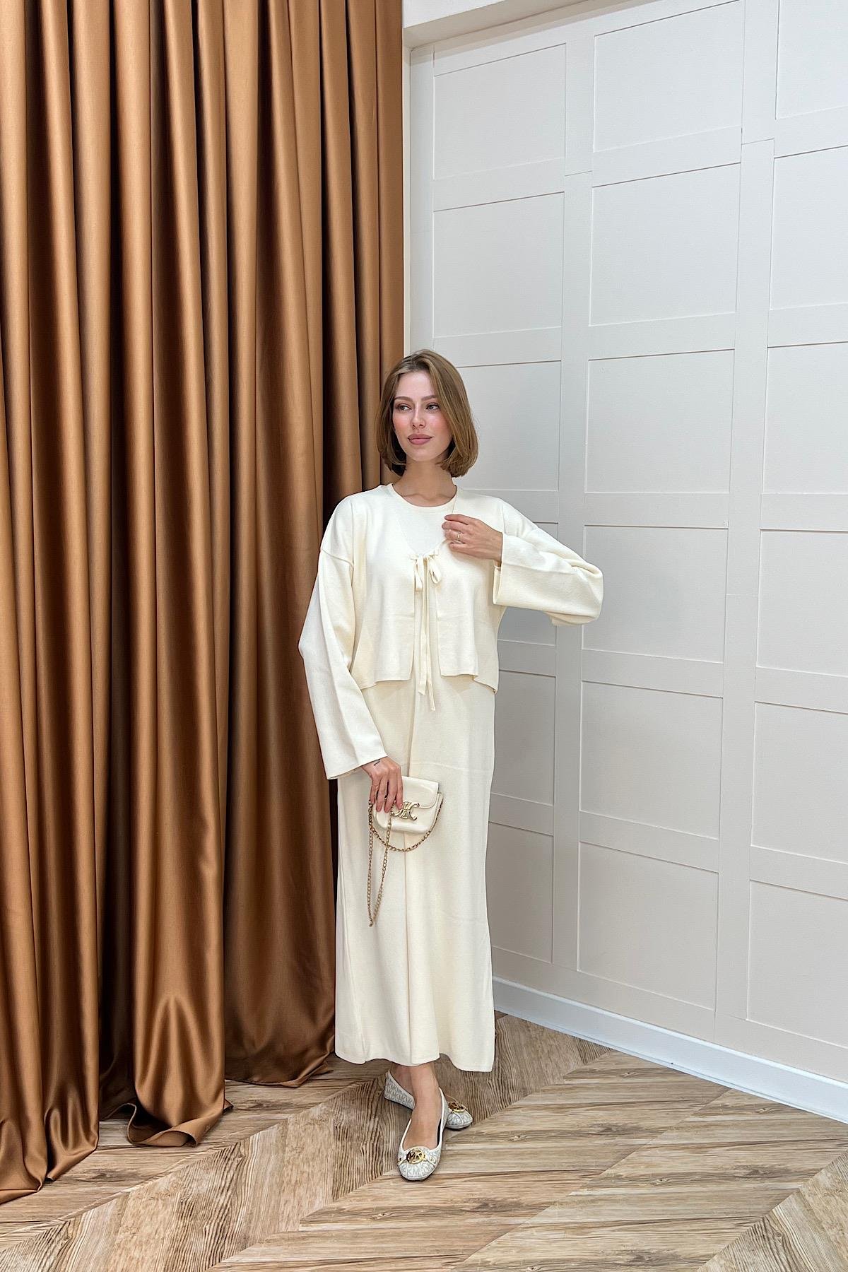 Ester Croplu İkili Elbise Krem