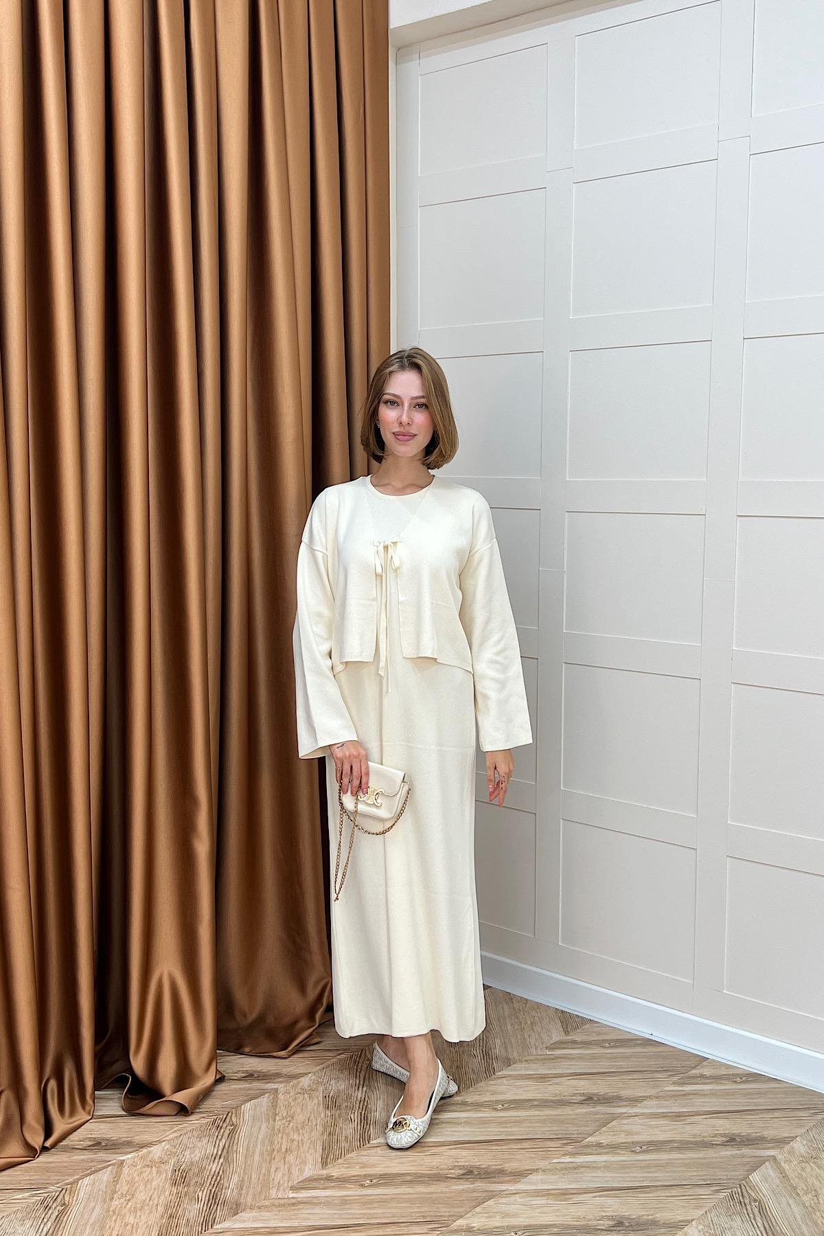 Ester Croplu İkili Elbise Krem