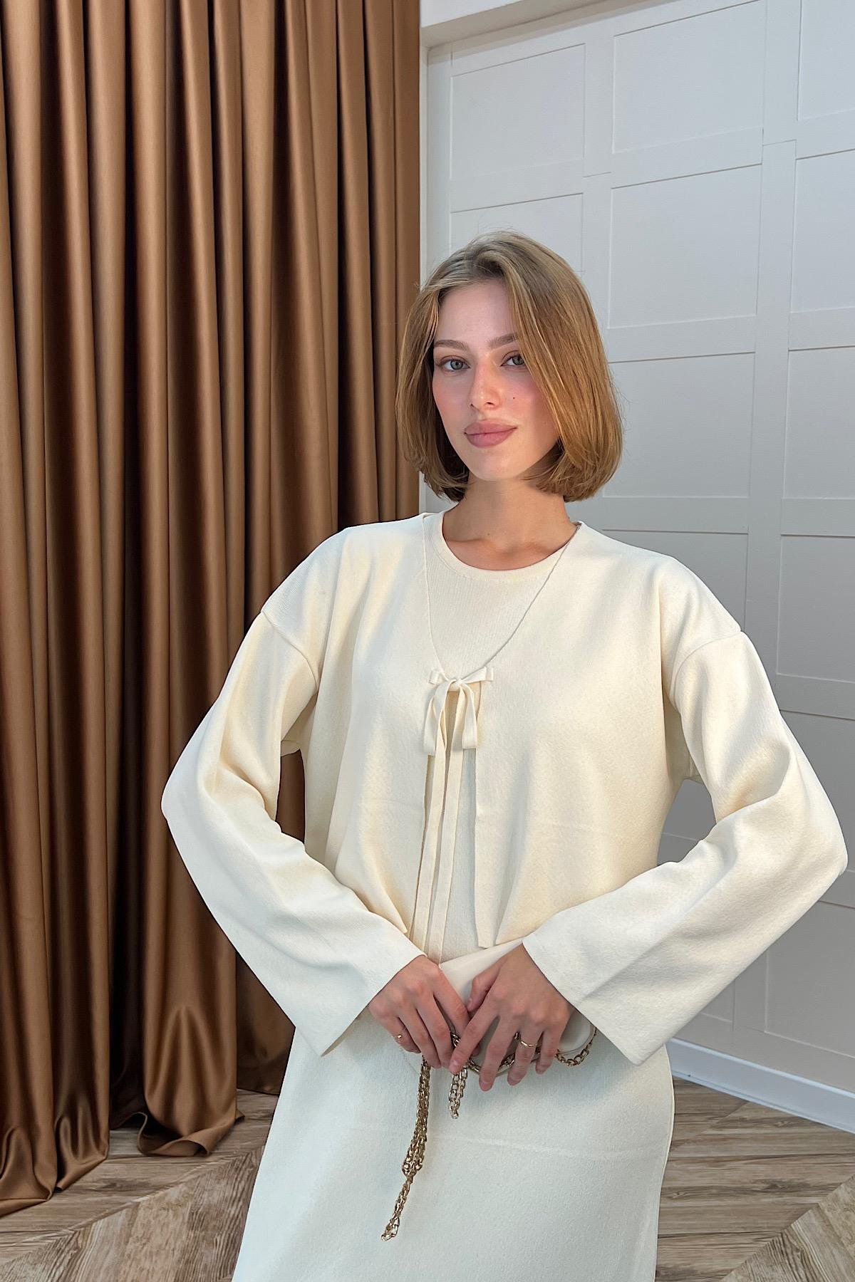 Ester Croplu İkili Elbise Krem