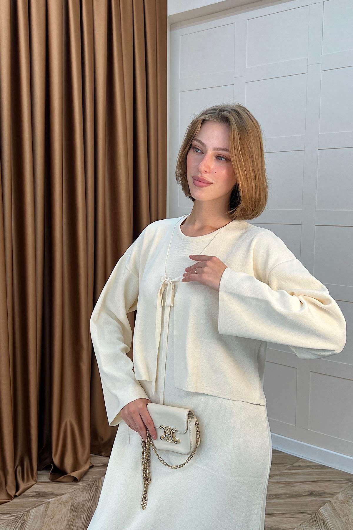 Ester Croplu İkili Elbise Krem