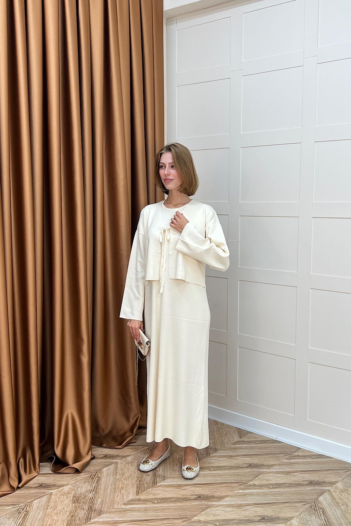 Ester Croplu İkili Elbise Krem