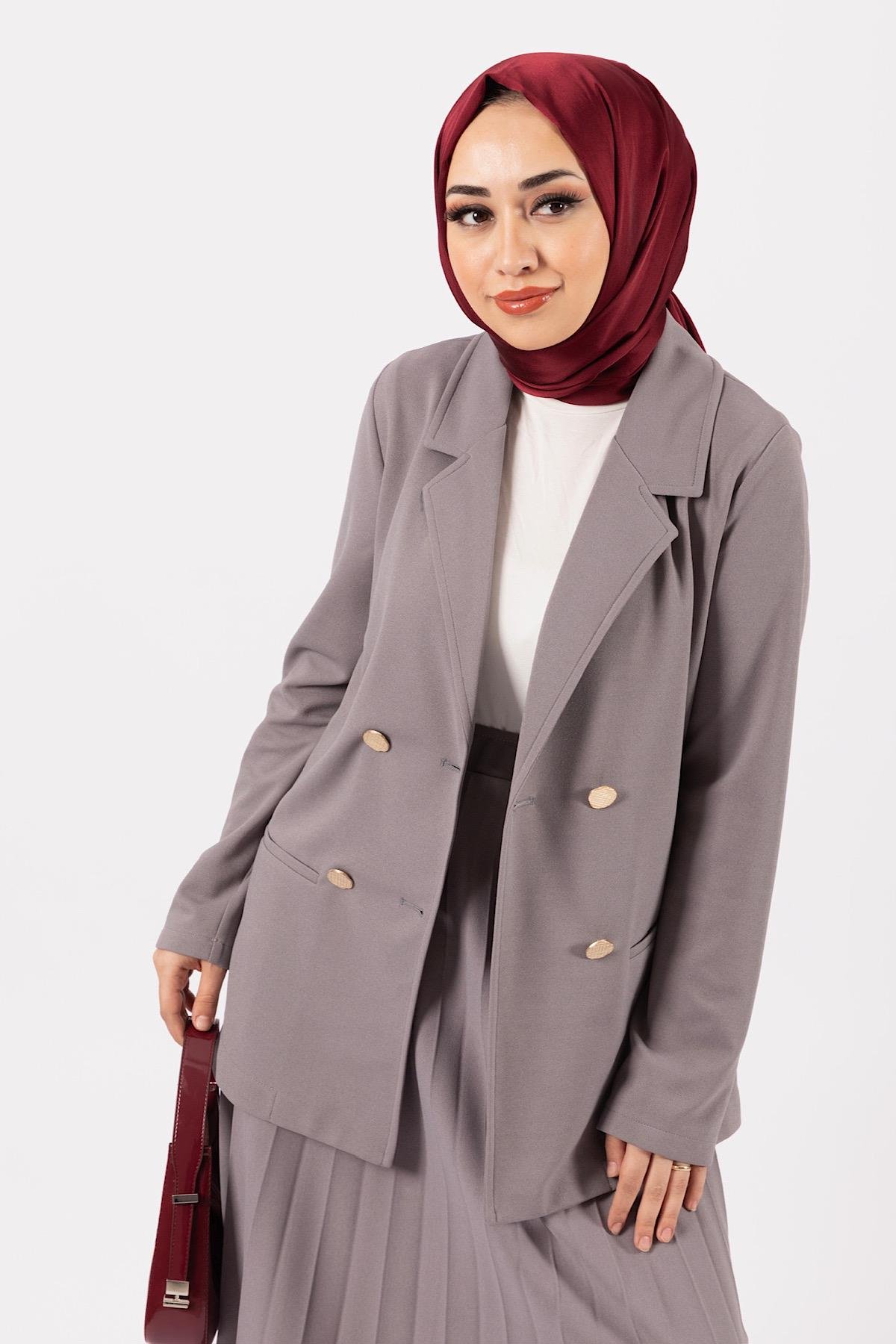 Eteği Piliseli Ceket Takım Gri