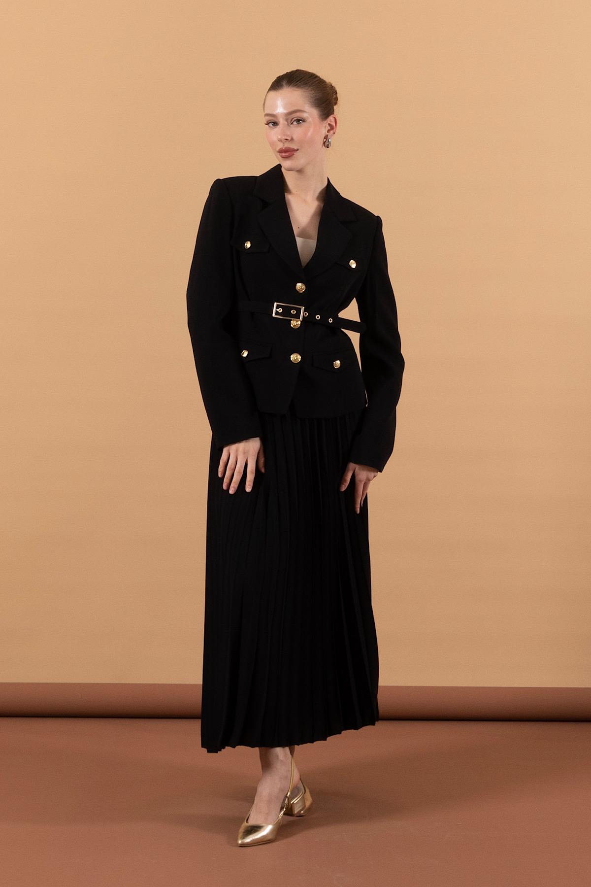 Eteği Piliseli Ceket Takım Siyah