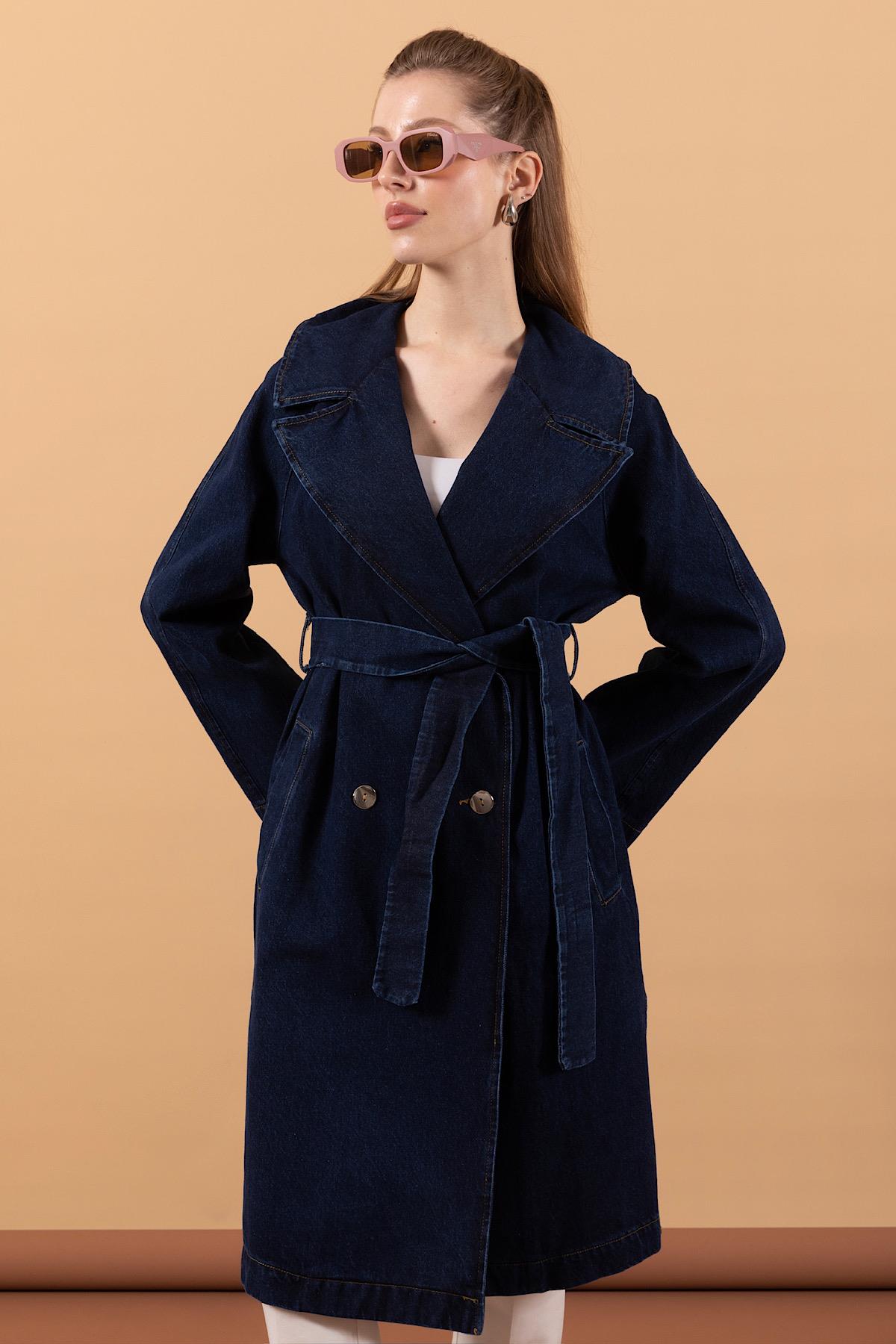 Geniş Yaka Denim Kap Lacivert