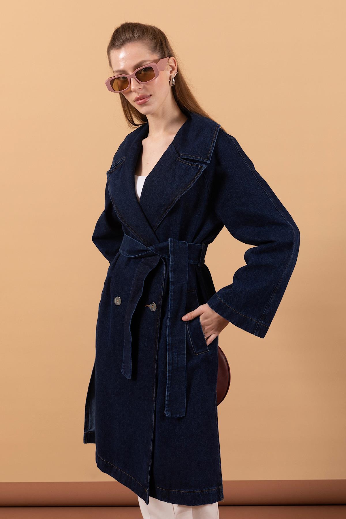 Geniş Yaka Denim Kap Lacivert