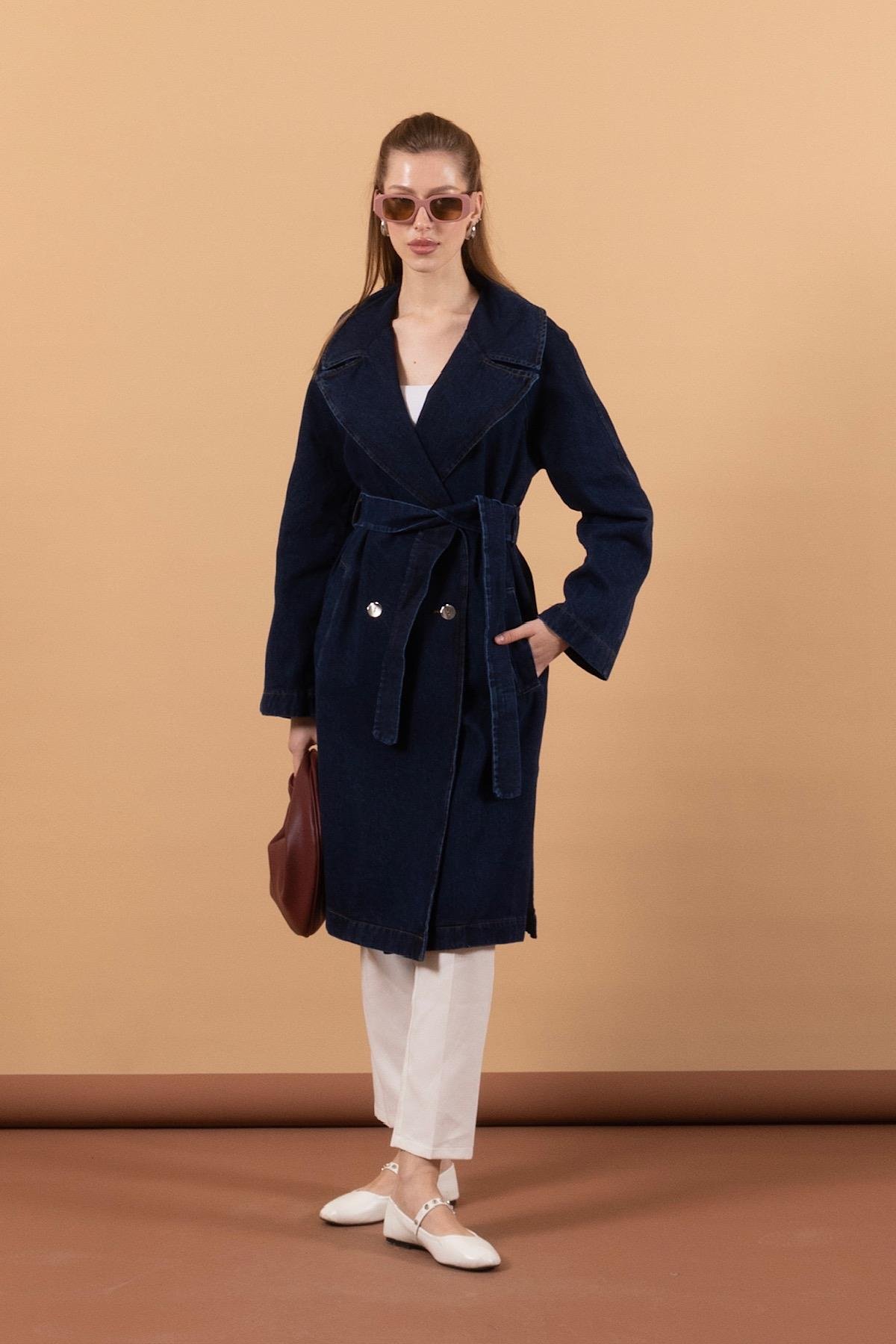 Geniş Yaka Denim Kap Lacivert